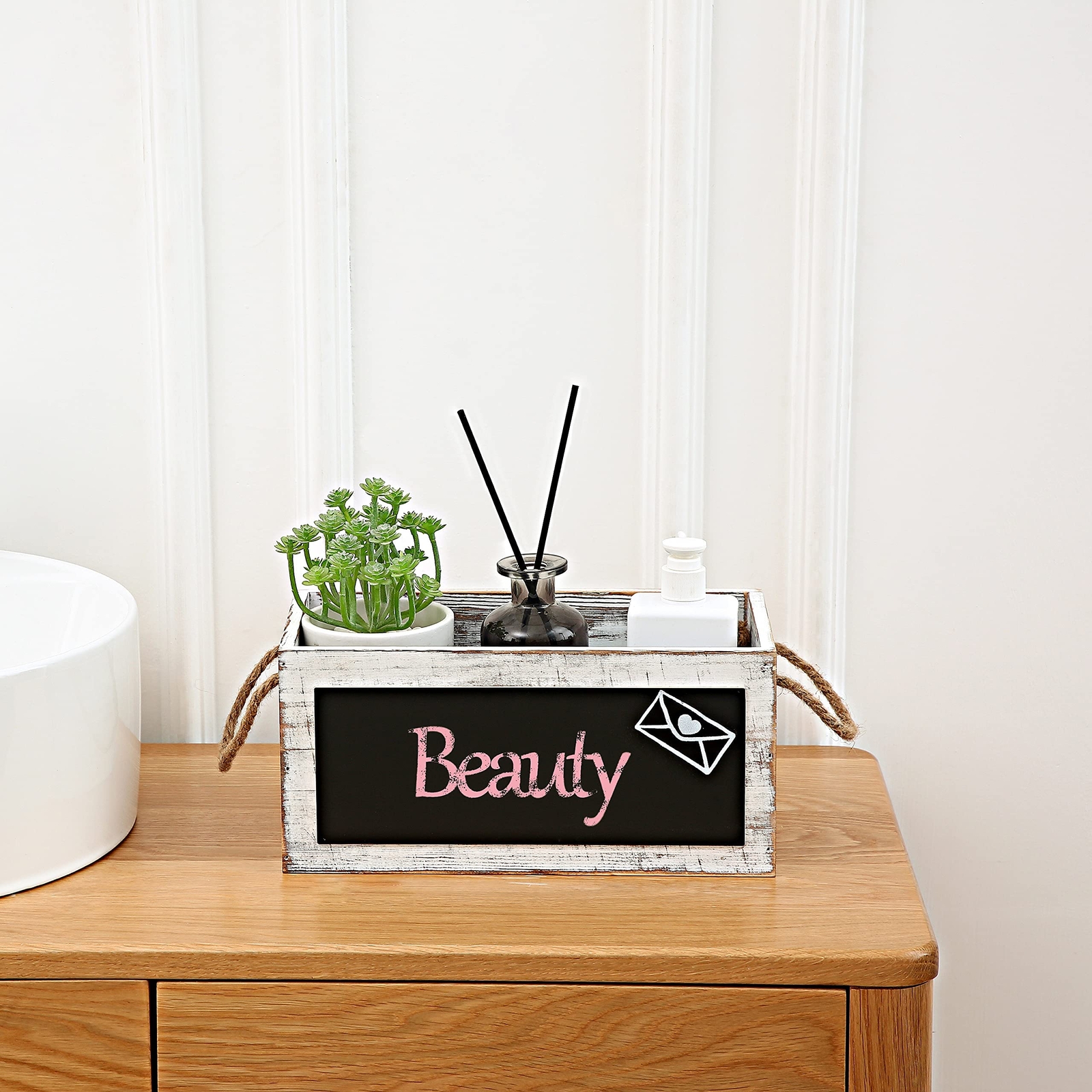Rustic Wood Mail Holder Box Letter Organizer Chalkboard Handles Desk White