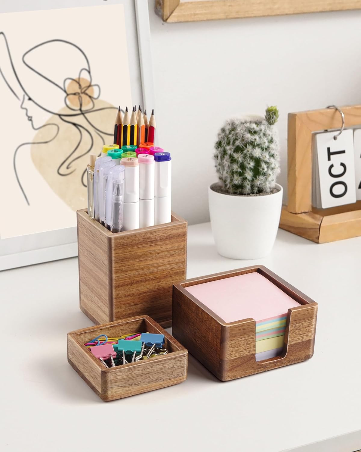 Acacia Wood Desk Organizer Set with Sticky Note Holder, Pencil Pen Cup & Paper C