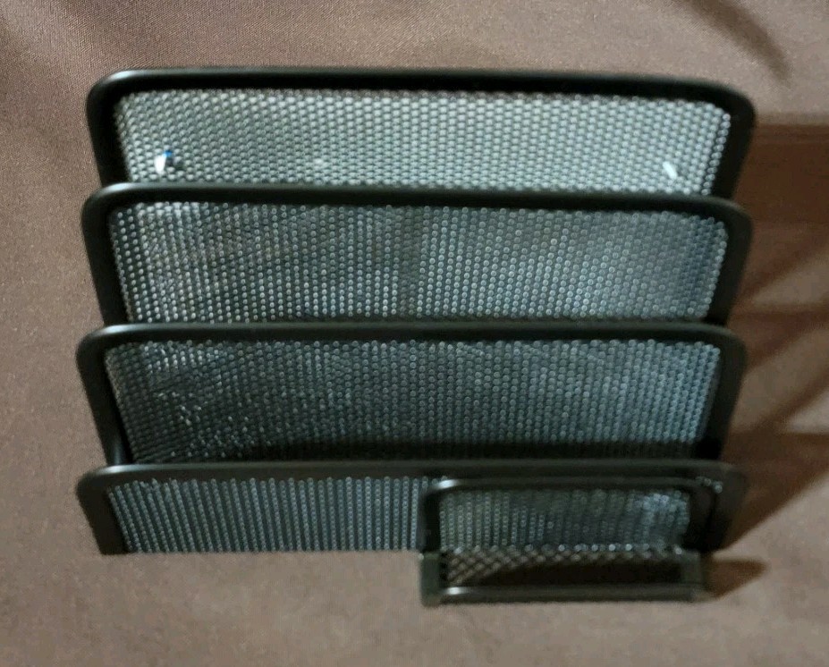2 Desktop Black Metal Mesh LETTER SORTERS W/ BUSINESS CARD HOLDER Staples 11996