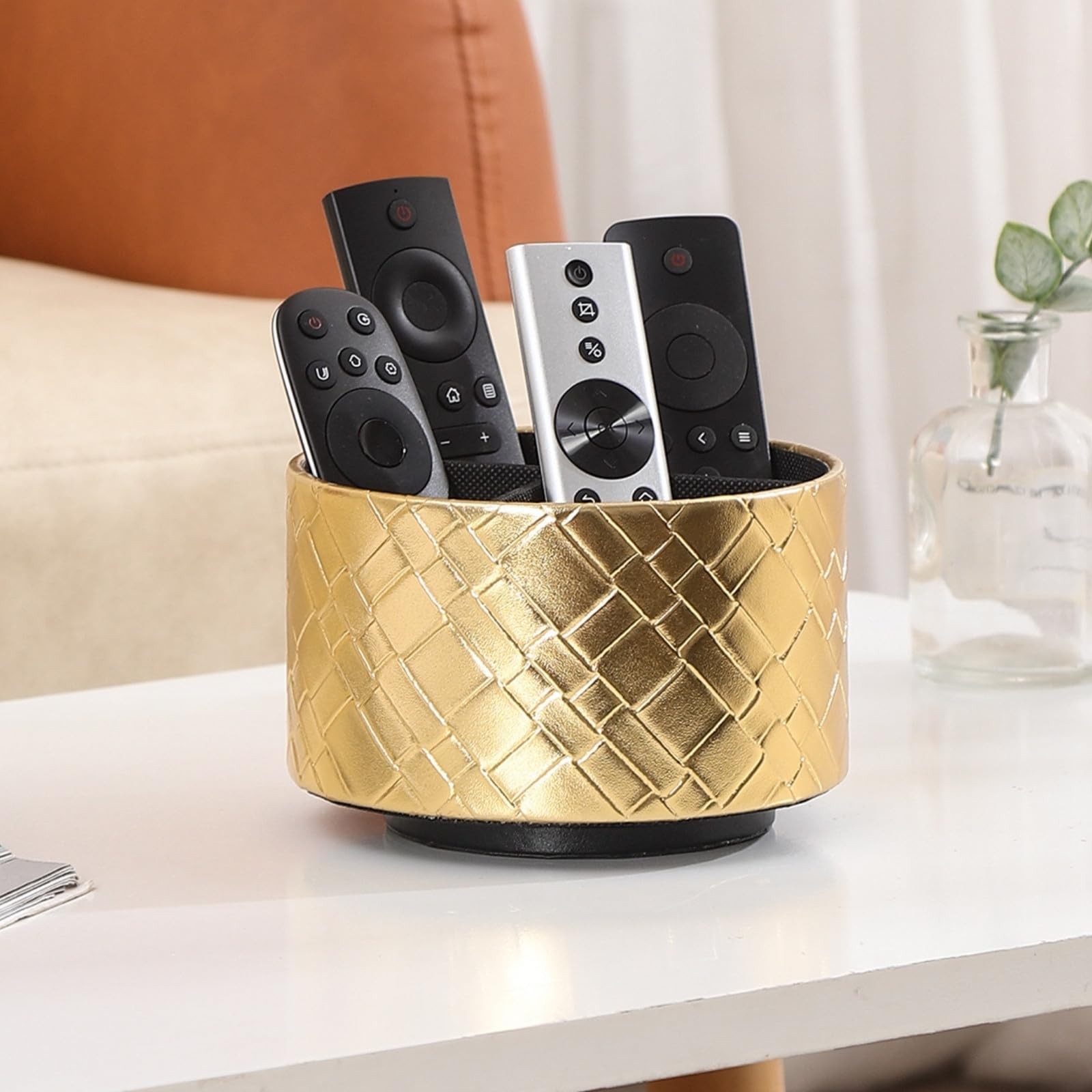 TV Remote Holder, PU Leather 360 Degree Rotating Remote Caddy with 4 Compartm…