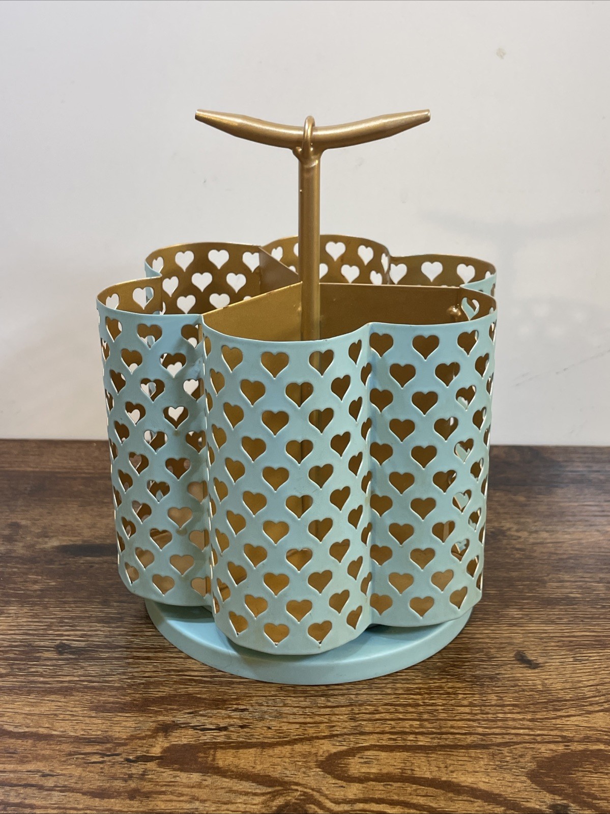 Heart Rotating Desk Organizer Caddy Turquoise Teal Gold Excellent Rare HTF