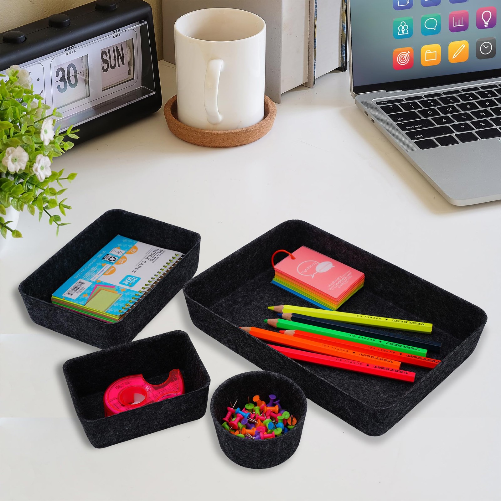 7 PCS Carbon Felt Drawer Organizer Trays Desk Storage Bins Office Home