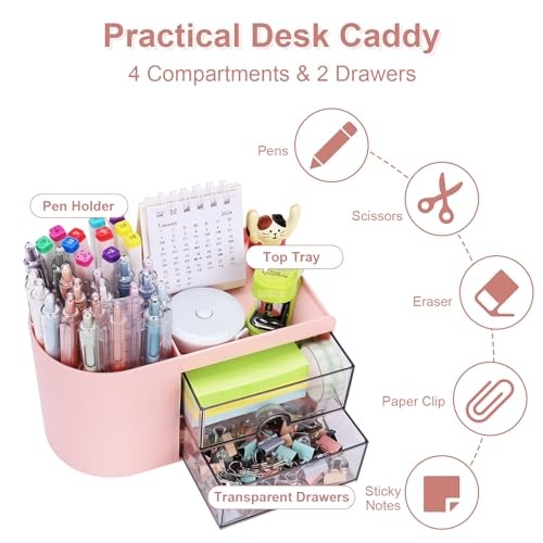 Desk Organizer with Drawer Pen Holder Small Pink