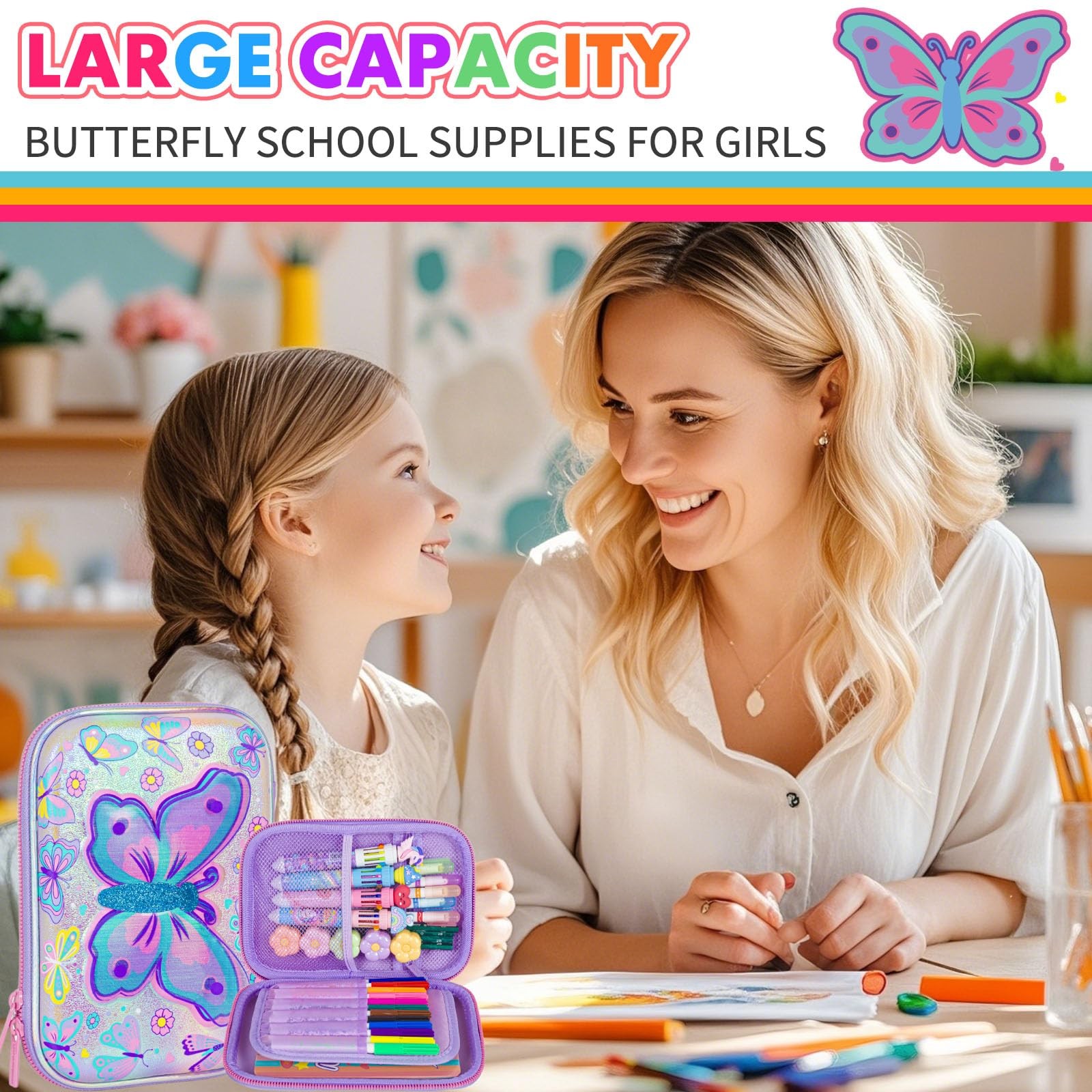 Butterfly Pencil Case Stationery Set for Girls, 3D EVA Big Capacity Cute Penc…
