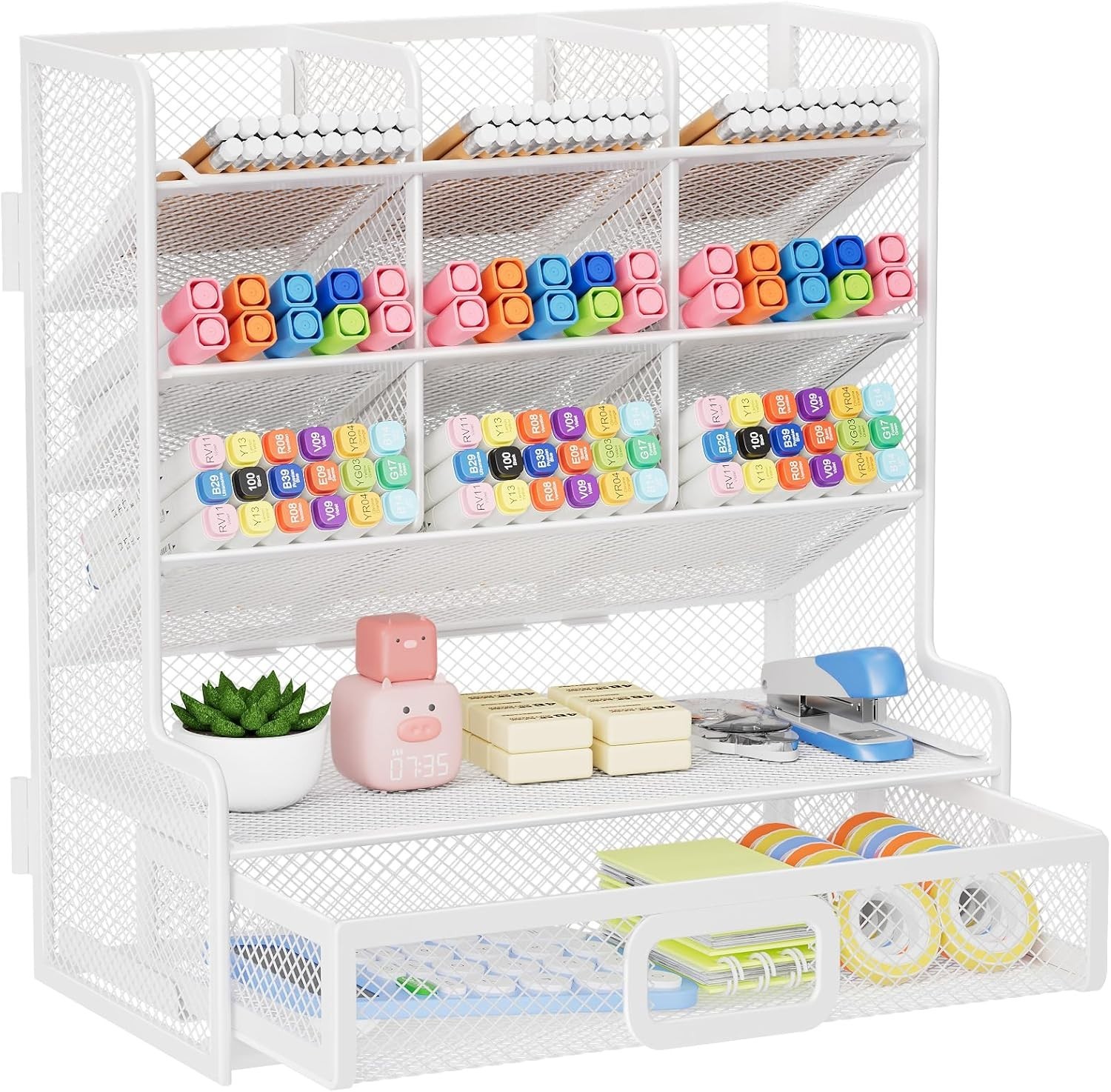 Larger Mesh Desk Organizer with Drawer, Multi-Functional Pen Pencil Holder, E…