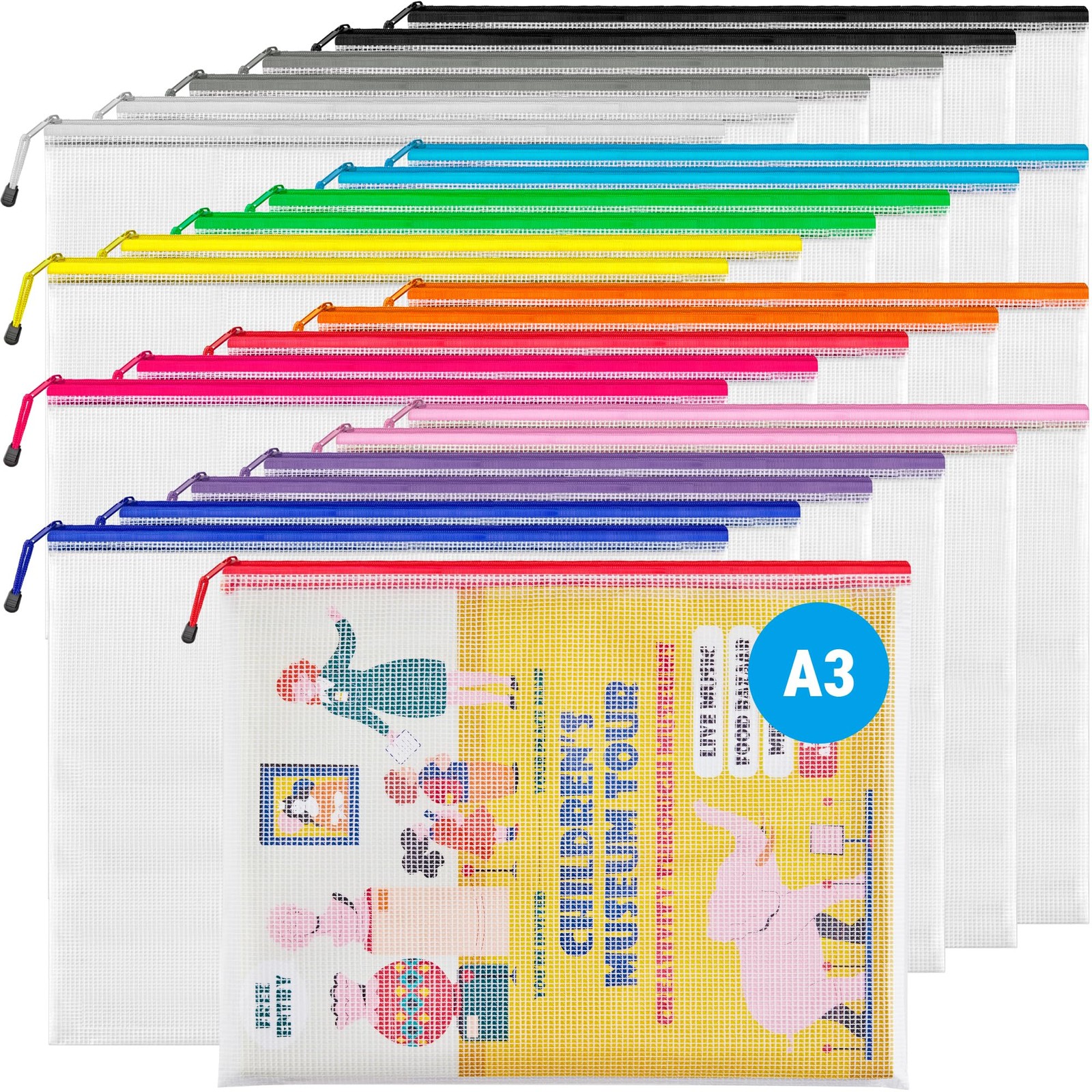A3 (16.5×12.6 in, 24 Pcs) Mesh Zipper Pouch, 12 Colors Extra Large Zipper Bag…