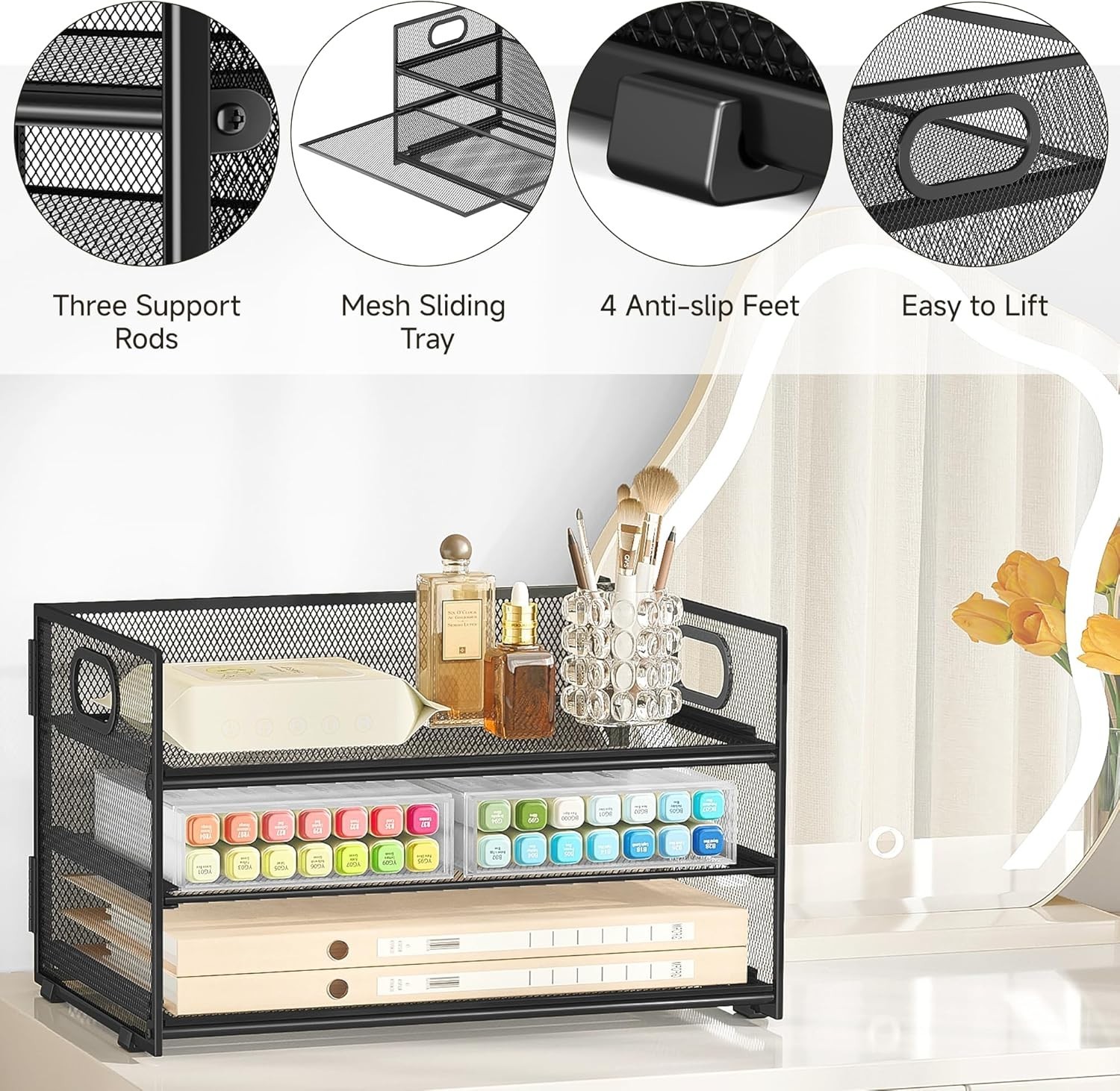 3 Tier Paper Letter Tray Organizer for Desk, Black Metal Mesh Desk File Folde…