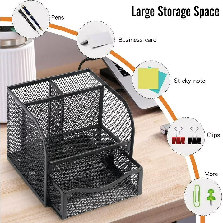 Mesh Desk Organizer with Drawer Metal Pen Pencil Holder Cup Office Desktop Stora