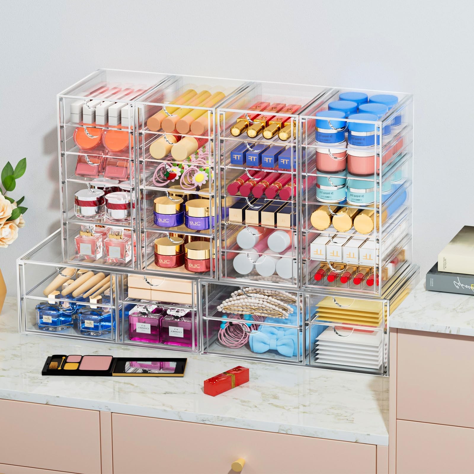 2 Pack Clear Desk Organizers with 7 Drawers, Makeup & Office Storage