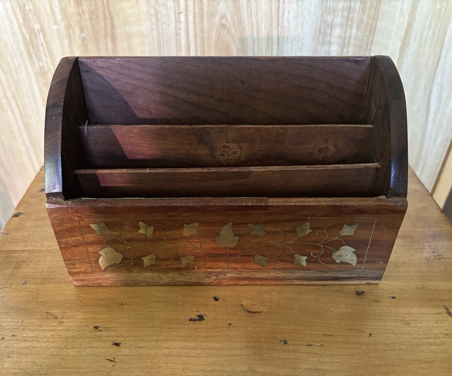 Vintage Handcrafted Rosewood Letter Holder Inlaid Brass Ivy Leaf Desk Organizer