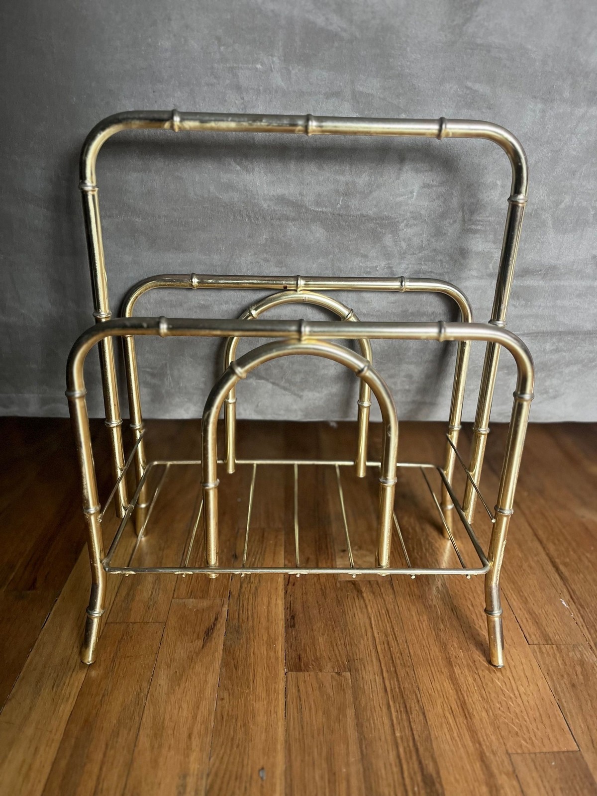Vtg. Mcm Brass Tone Gold Metal Bamboo Magazine Holder Rack