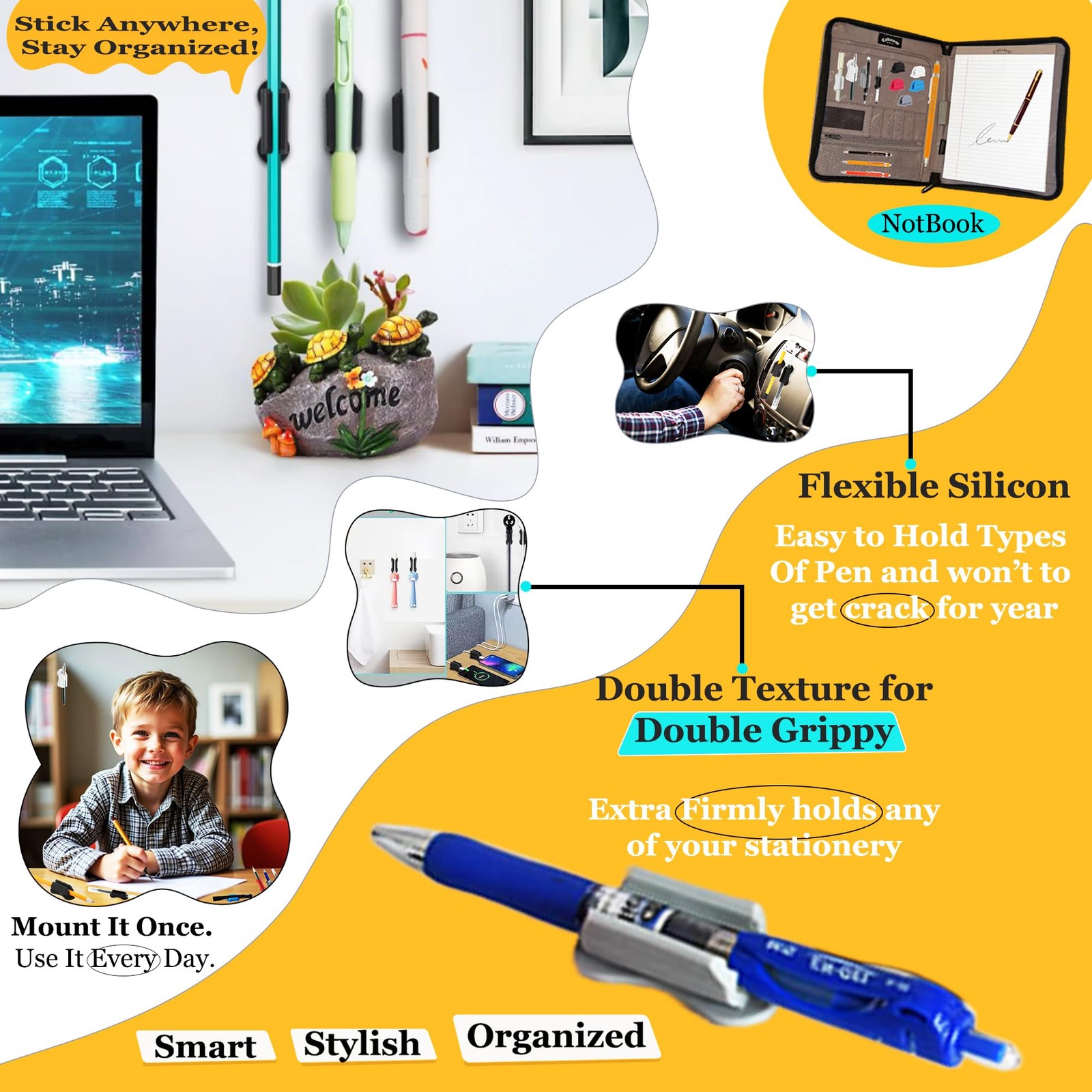 Adhesive Silicone Pen Holder 20 Pack for Desk & Wall, Flexible Pencil and Mar…