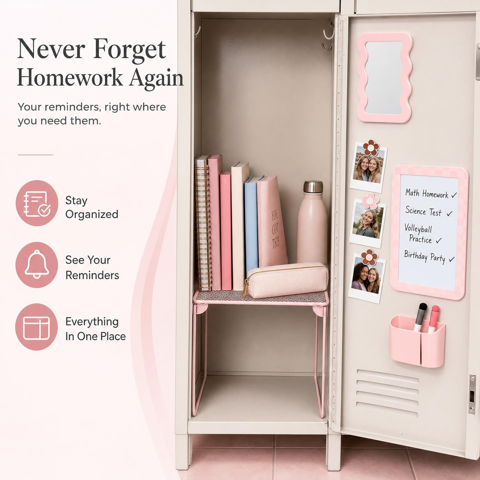Stylish Locker Kit – Includes Shelf, Mirror, Whiteboard, Pen Holder, Cute Flo…