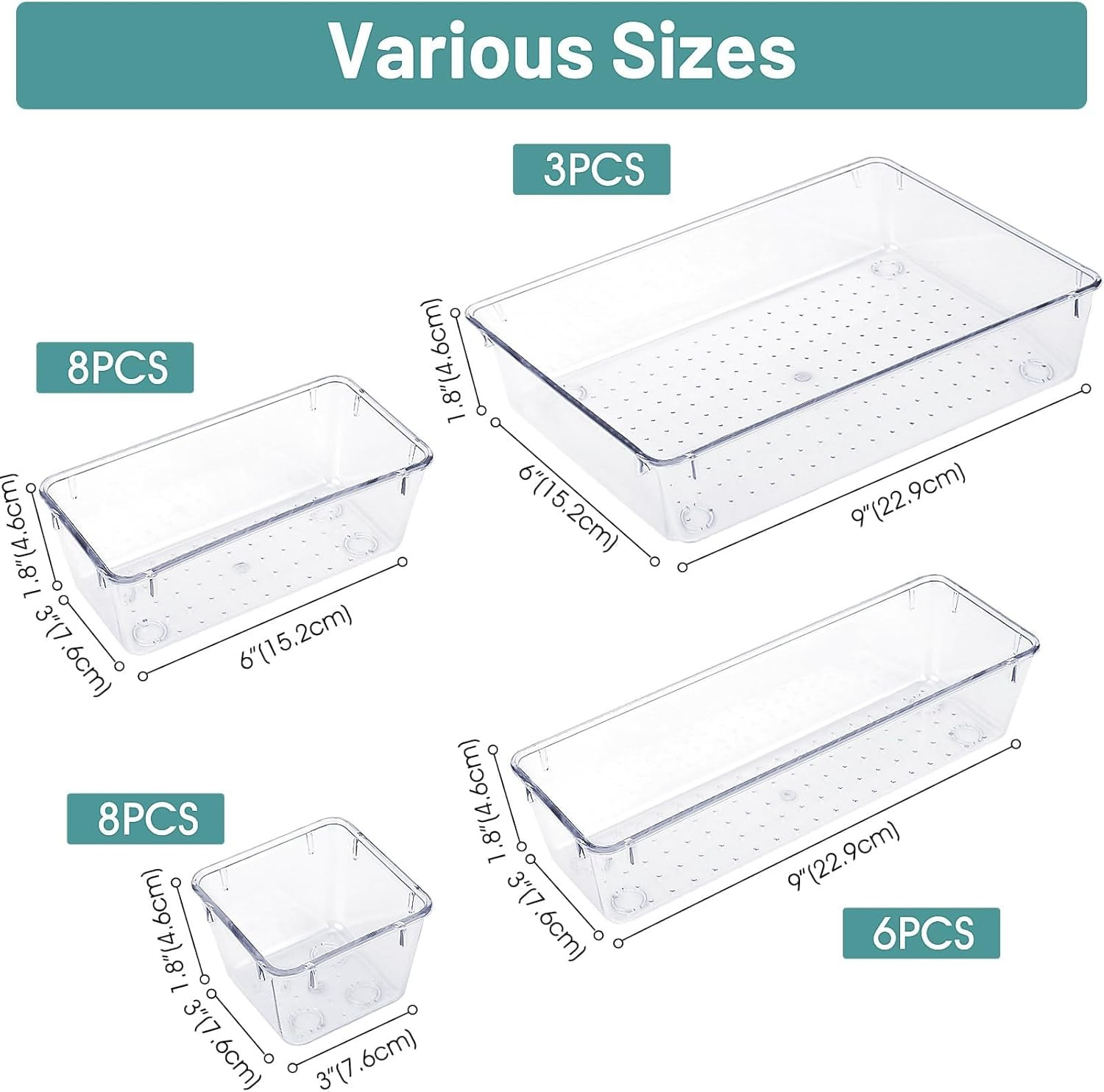 25 PCS Clear Plastic Drawer Organizer Set 4 Sizes Desk Drawer Divider Organizers