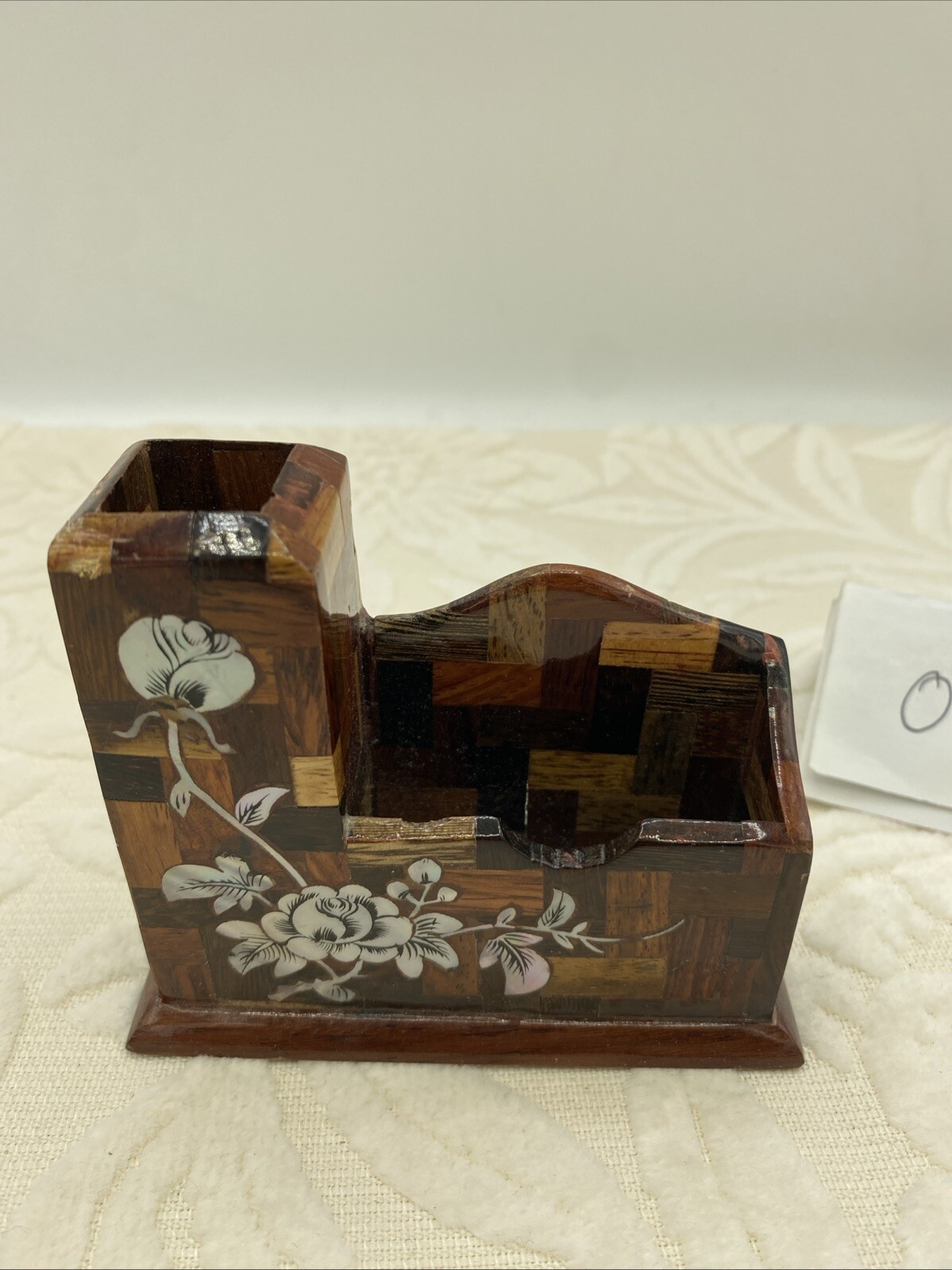 Handmade Laquered Wood Business Card & Pencil Holder With Inlaid Shell Design