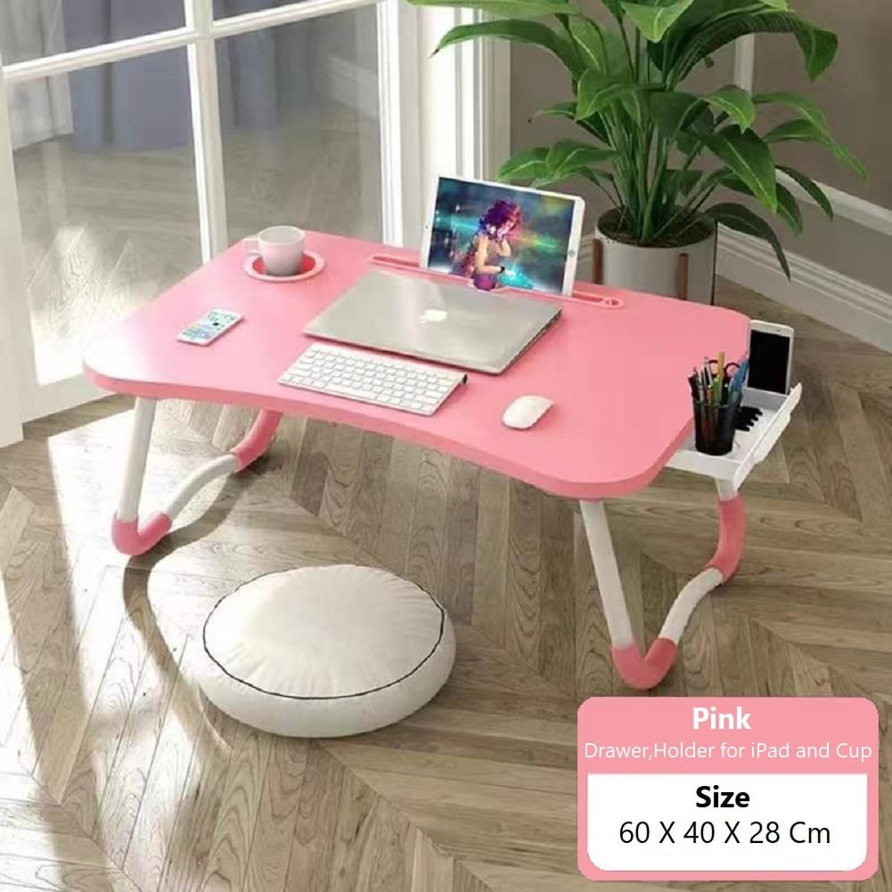 Laptop Bed Table, Foldable Desk Tray with Storage Drawer, Lap Pink