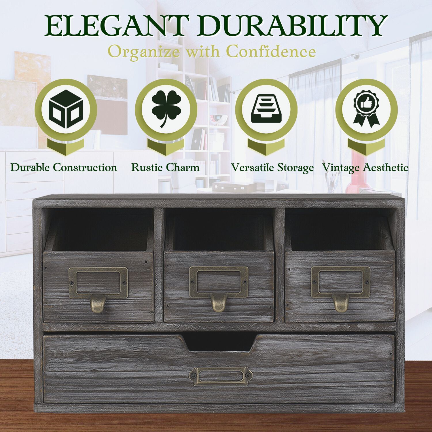 4 Drawer Wooden Desk Organizers – Vintage Rustic Apothecary Wood Desktop Storage