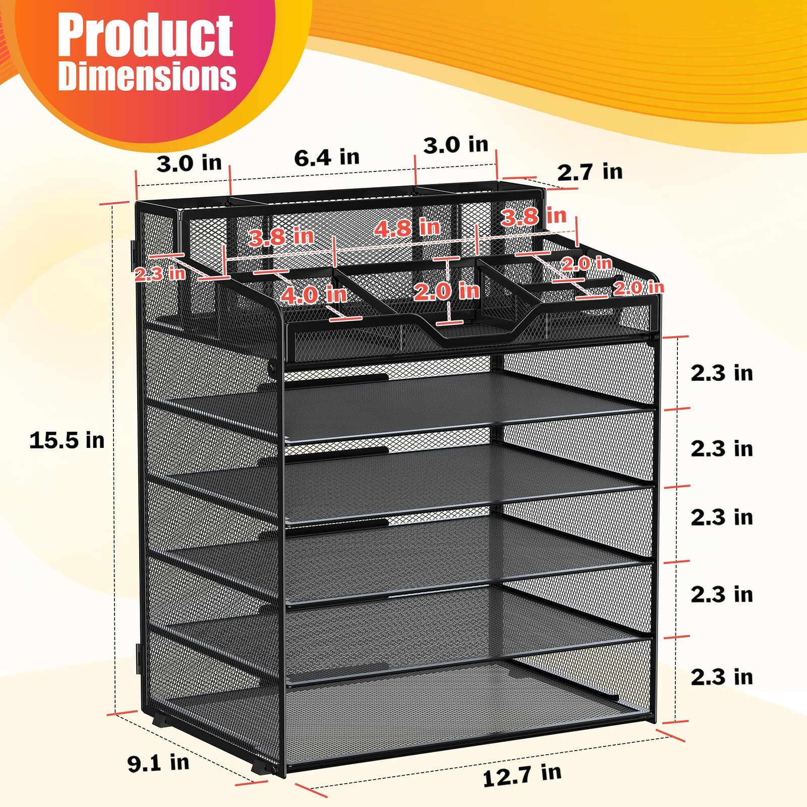 Mesh Desk Organizer, 6Tier Paper Tray with Pen Holders, Black