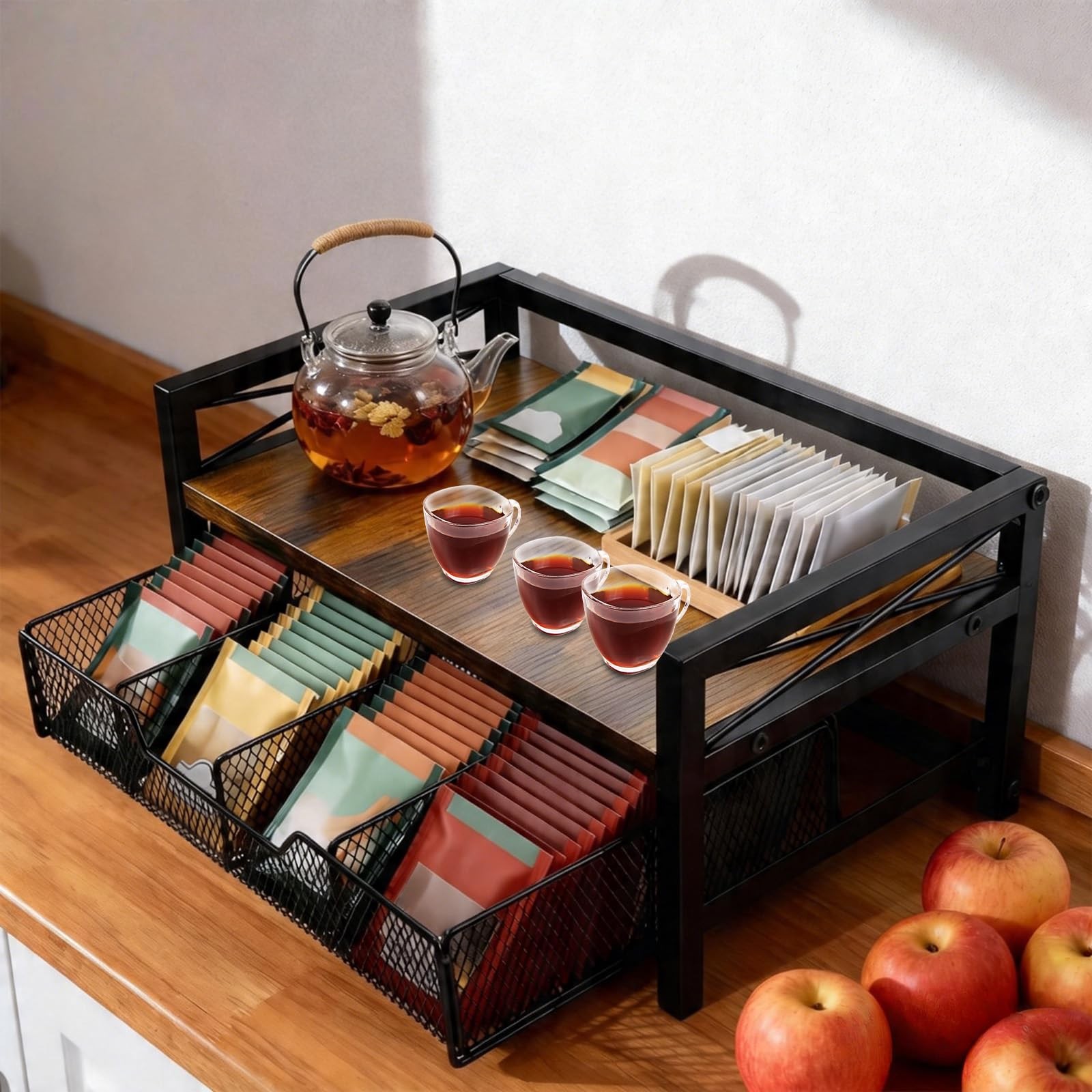 NANXITU Tea Holder Organizer,Wood 13.1″W x 7.9″D x 6.3″H, Rustic Brown