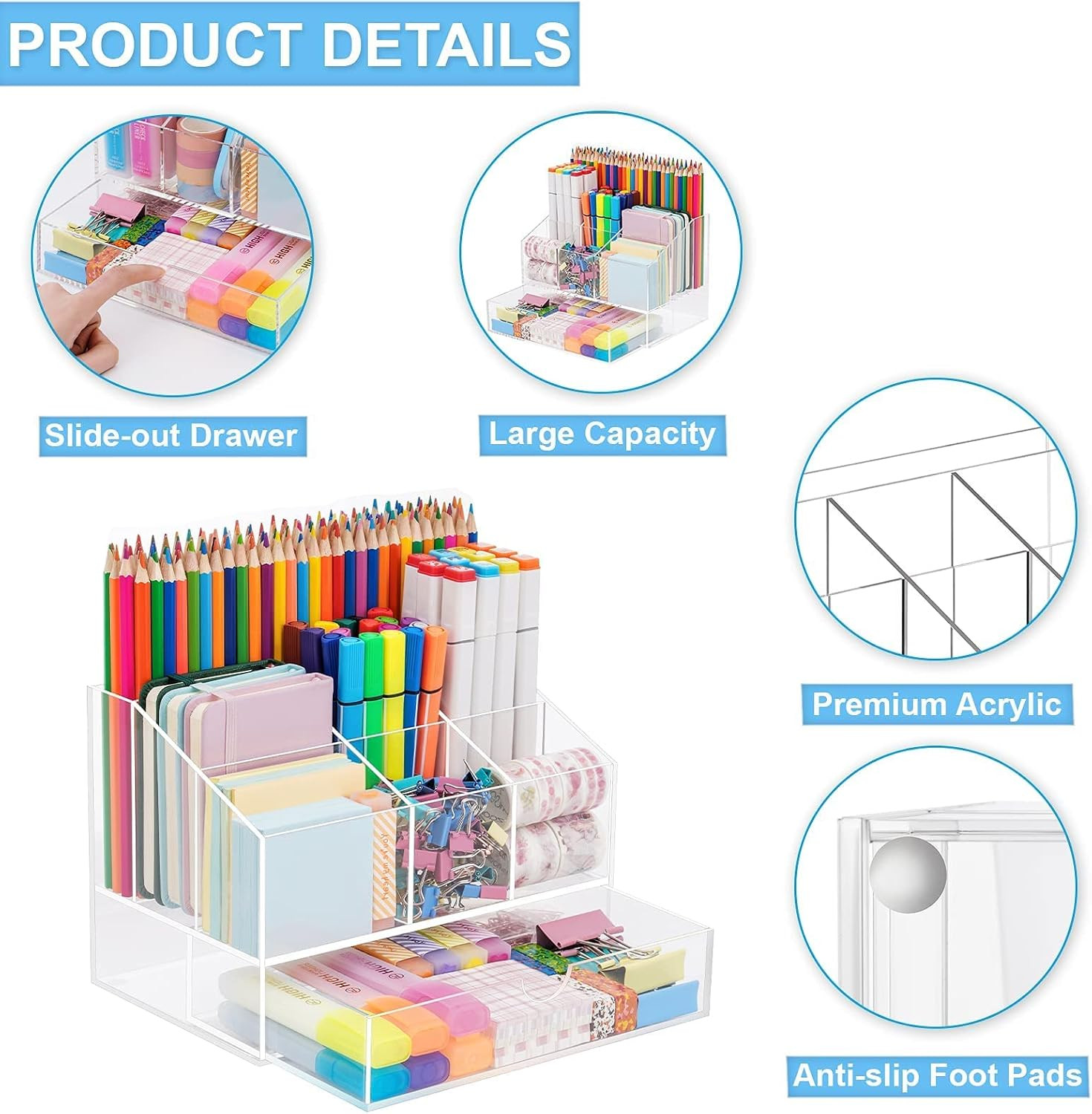 VITVITI Acrylic Desk Organizer, Upgraded Clear Pencil Organizer for Desk, 7 Comp