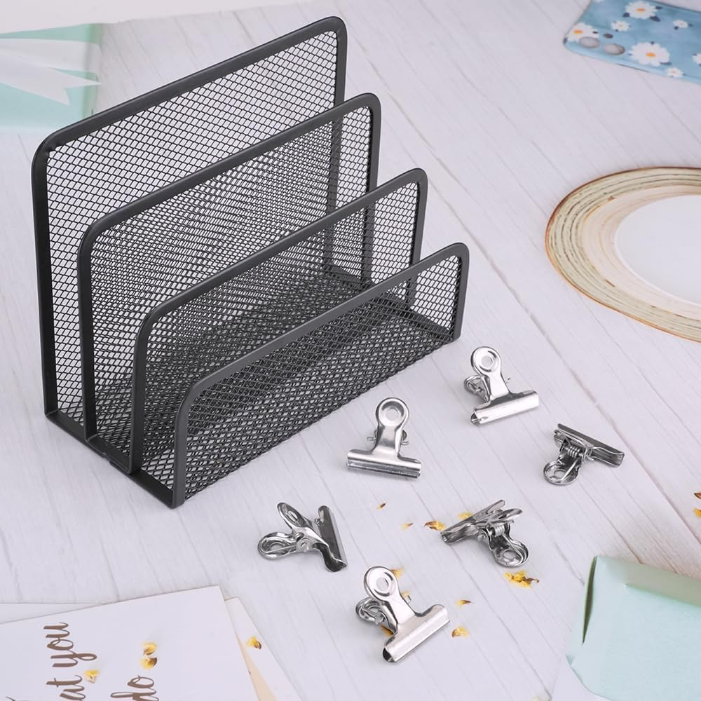 Desk Mail Organizer, 2 Pack Metal Mesh Small File Holders with 6 Metal Clips Let