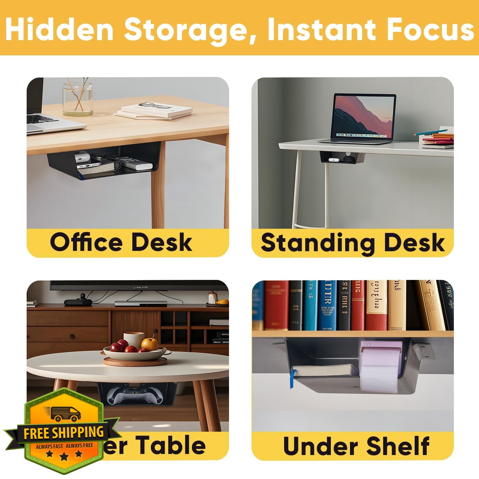 OrgaFocus 2 Pack Large Matte Black Under Desk Drawer