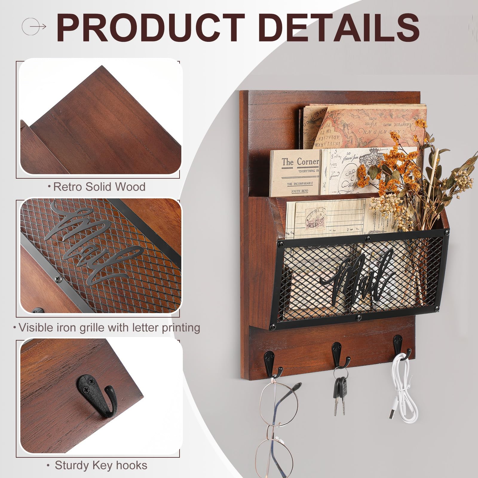 Farmhouse Organizer Wall Mounted Rustic Holder Hanging Key Sorter with 3 Hook…