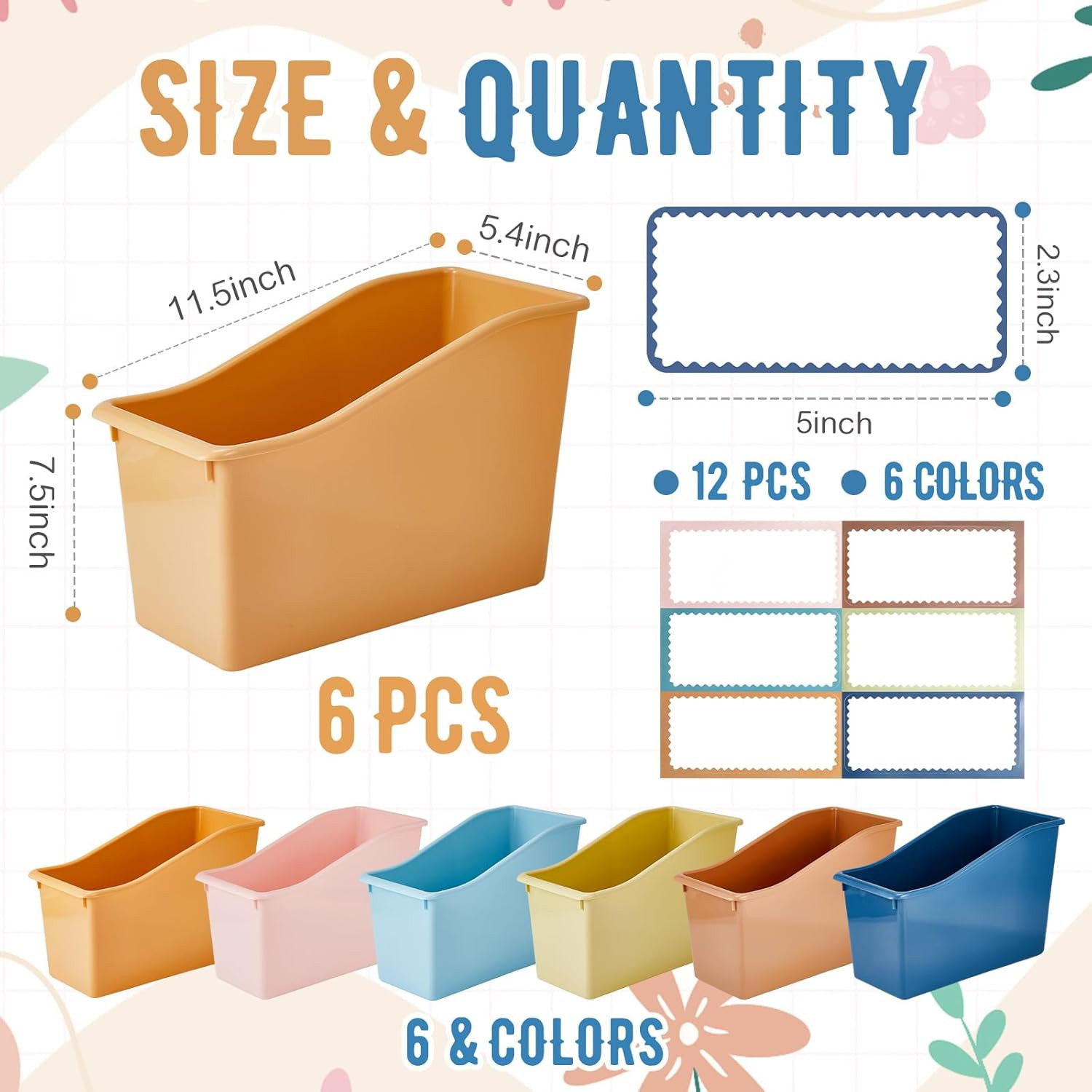 6 Pcs Book Bin for Classroom with Labels Stackable Plastic Organizing Bins 11.5