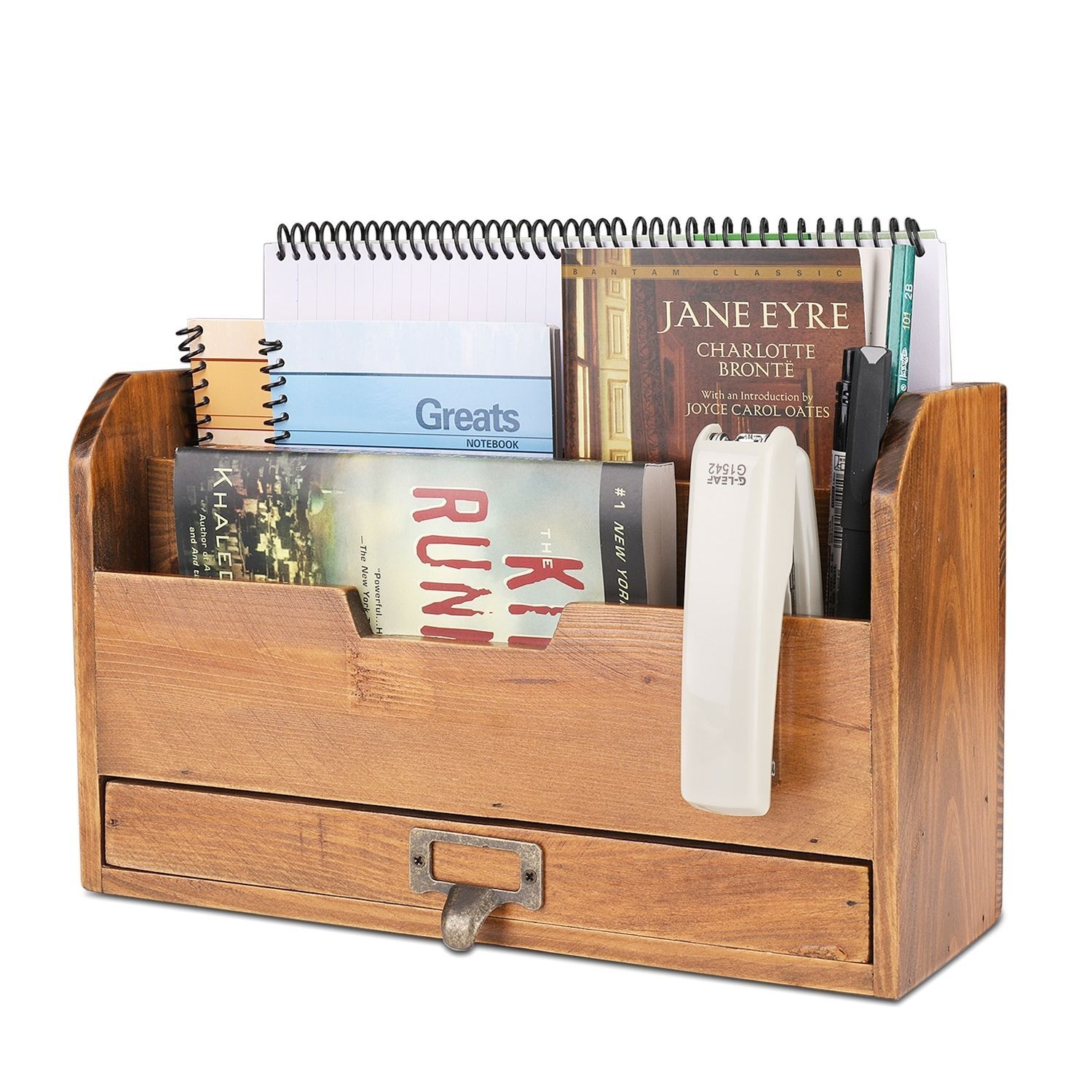 3 Tier Wooden Desk Organizer – Rustic Slot Sorter Shelf Holder with Drawer
