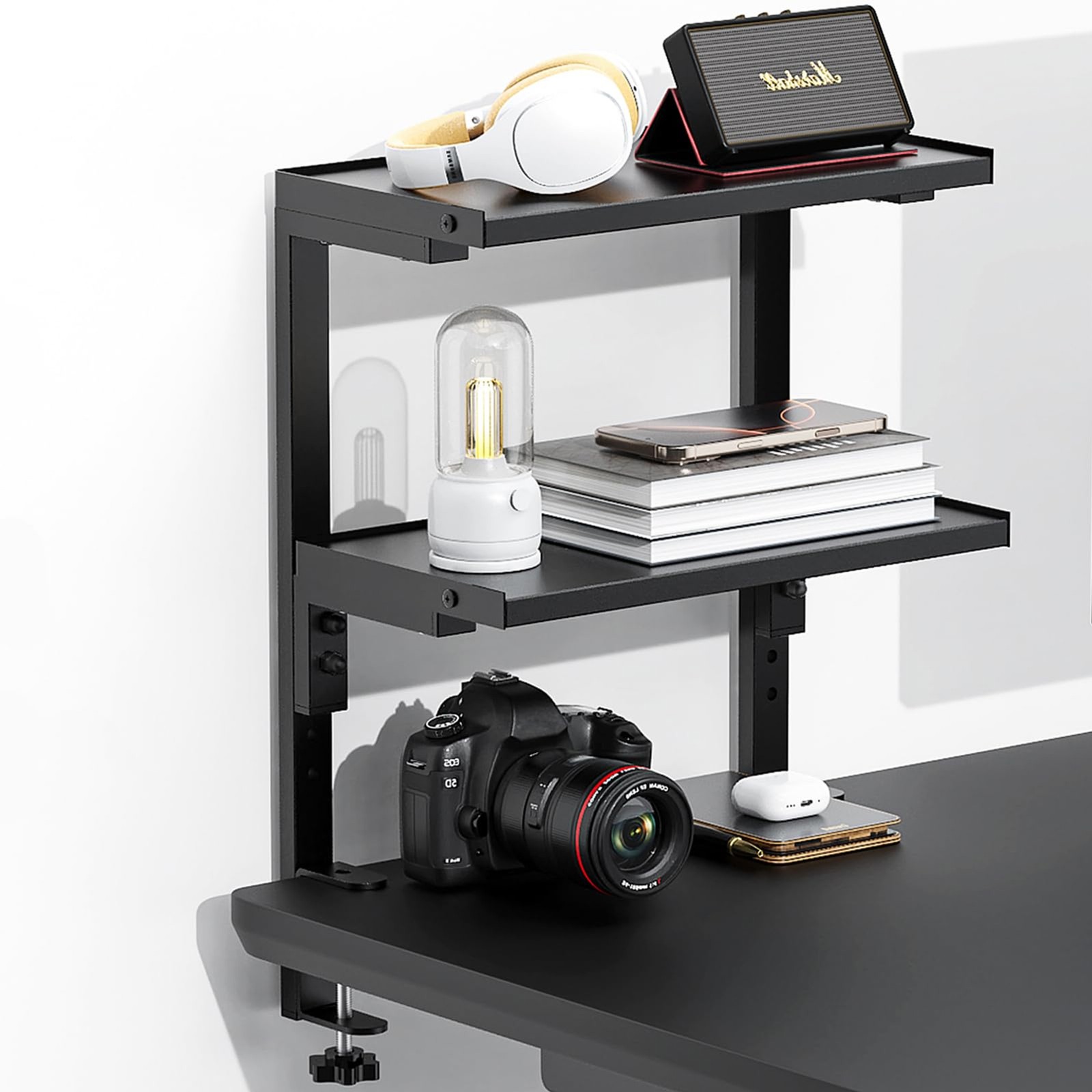 2 Tier Clamp on Desk Shelf Organizer Wood Desktop Supplies Storage Rack