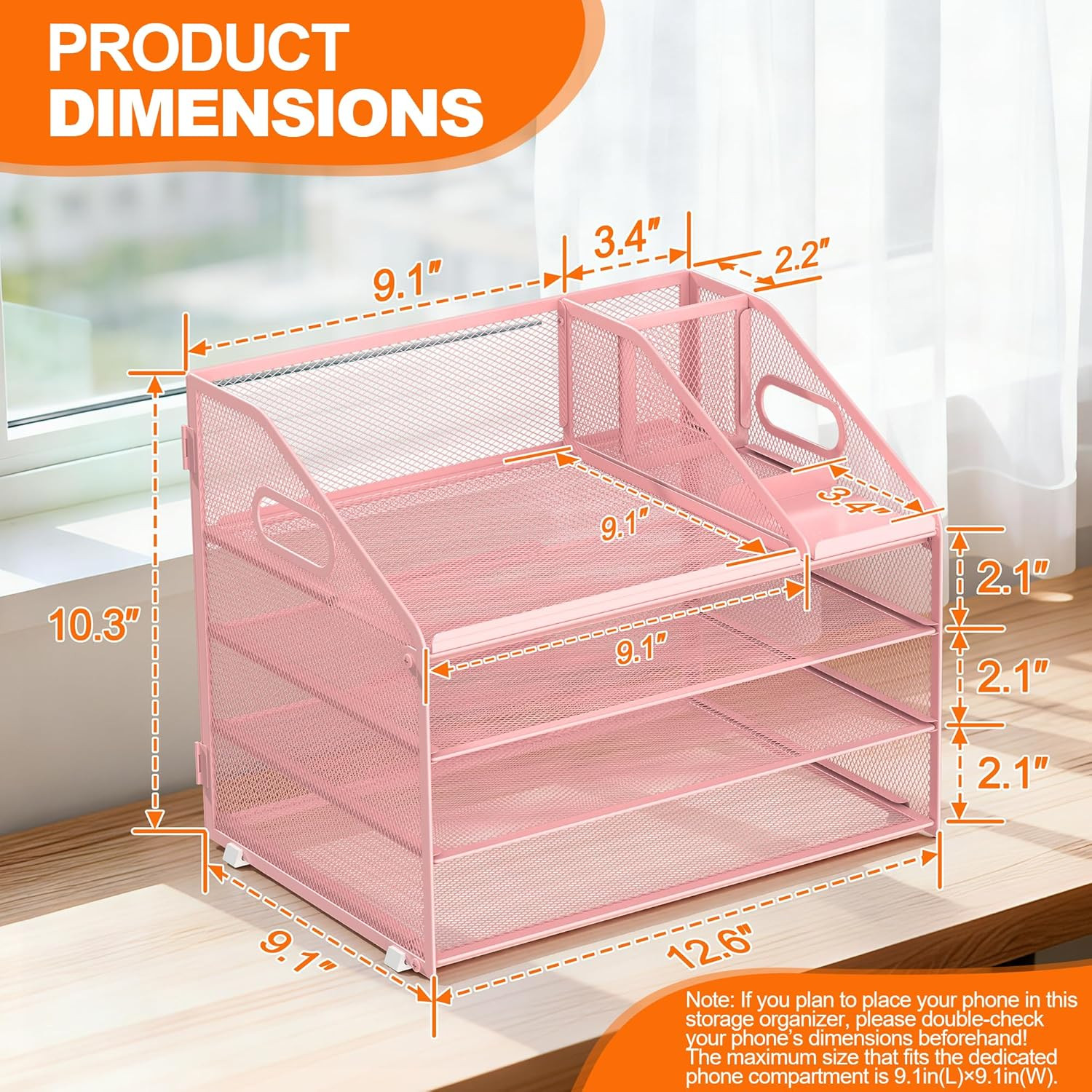 4 Tier Metal Mesh Letter Tray – Space Saving Desk File Organizer with Handle, Pe