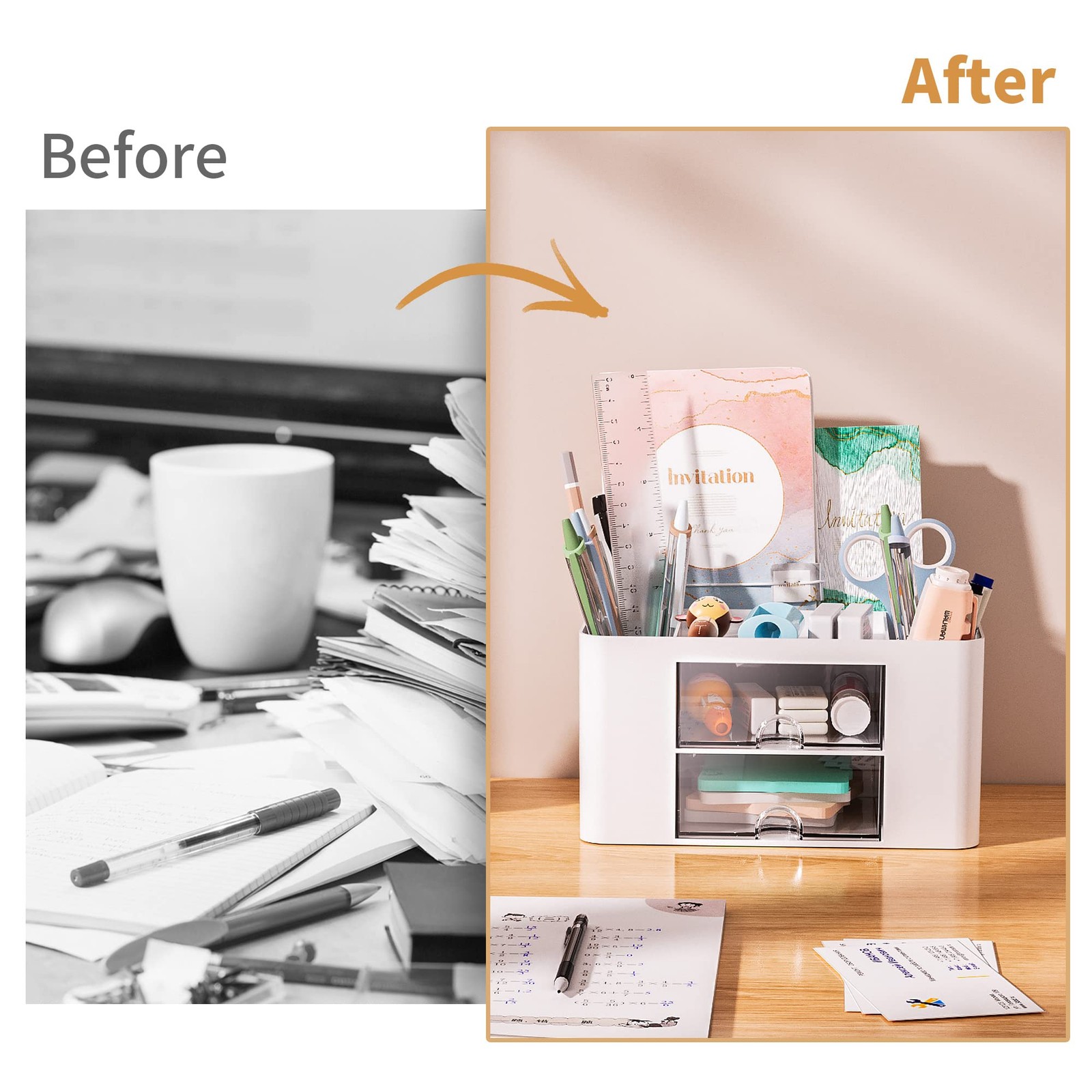 Marbrasse Pen Organizer with 2 Drawer, Multi-Functional Pencil Holder for Desk,