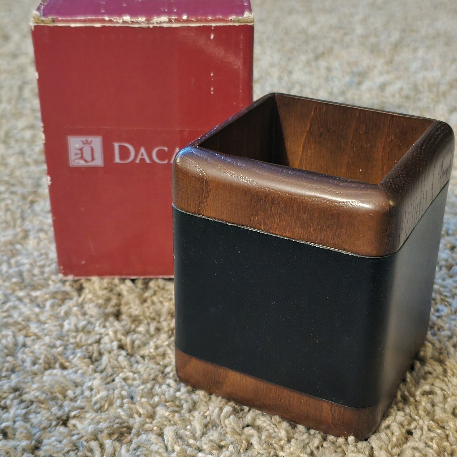 Dacasso Walnut & Leather Pencil Cup Holder Cube Pens Desk Accs *Open Box/Stored