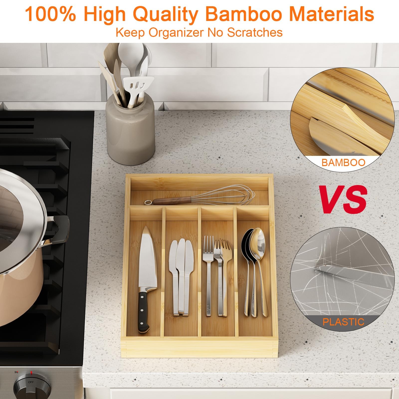 Youpehom Bamboo Utensil Organizer for Kitchen Drawers, 5 Slots, bamboo