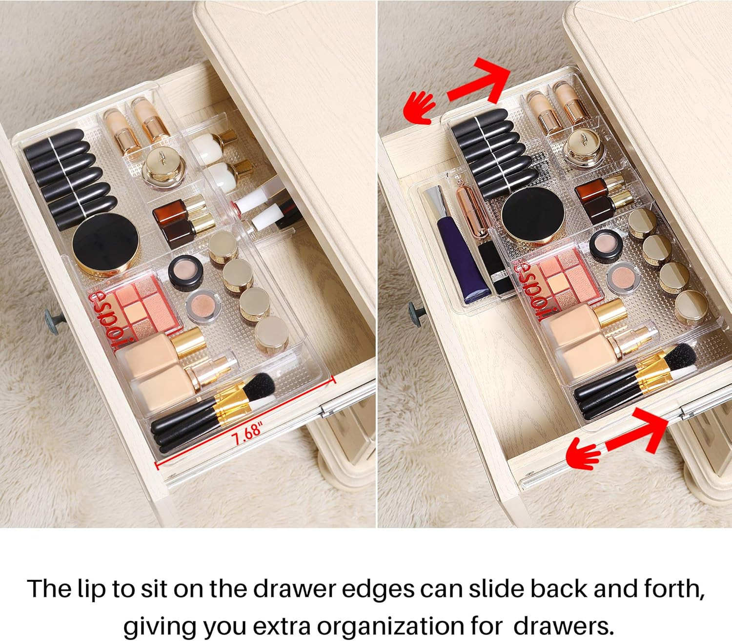 Expandable Drawer Organizer 11.1” to 19.2” Width, Shallow Cosmetic Organizer 1.3