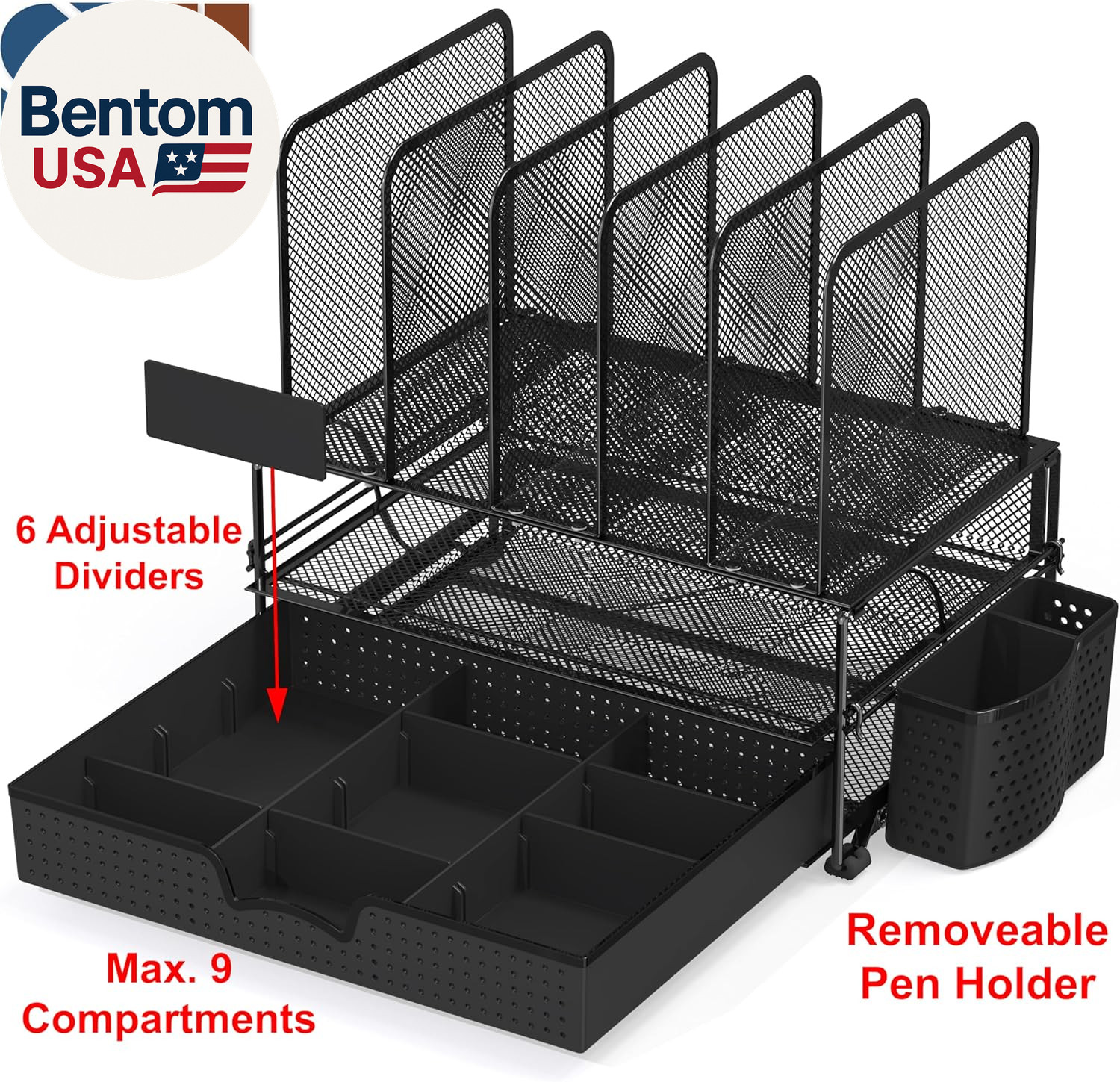 Mesh Desk Organizer with Sliding Drawer, Double Tray and 5 Upright Sections, Bla