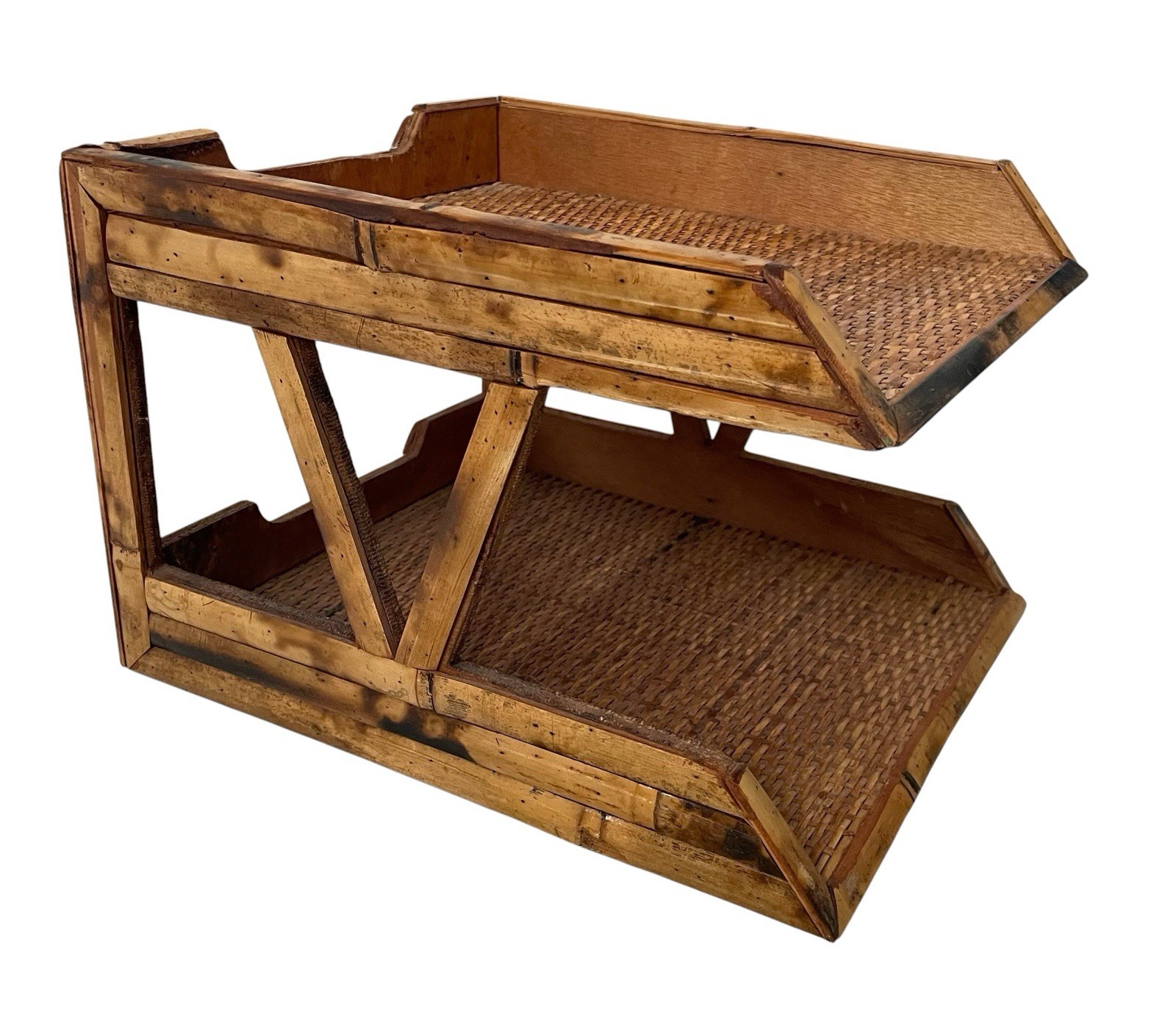 Vintage Burnished Bamboo Woven Rattan 2 Tiered Desk Organizer. Boho Coastal Deco