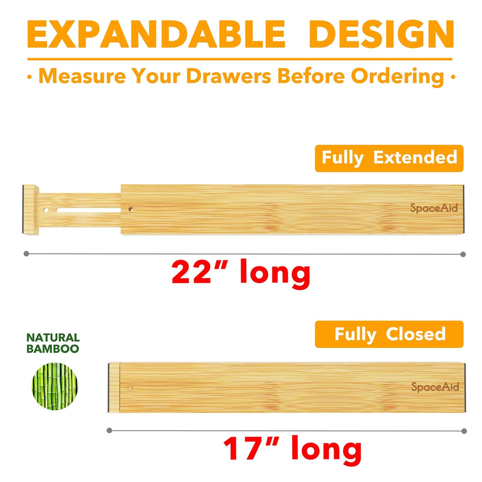 SpaceAid 4 Pack Bamboo Drawer Dividers with Labels, 17″ – 22″, NATURAL