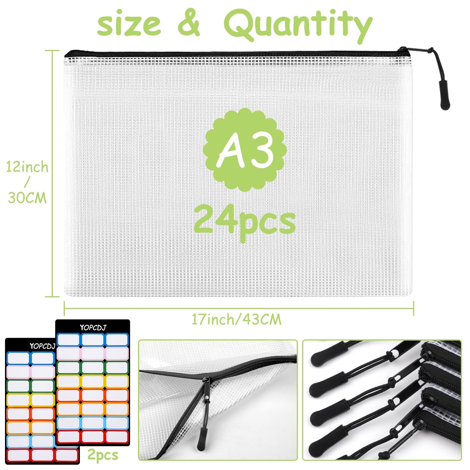 24pcs Mesh Zipper Pouches, A3 Size Waterproof Black Zipper Bags, Water-Resist…