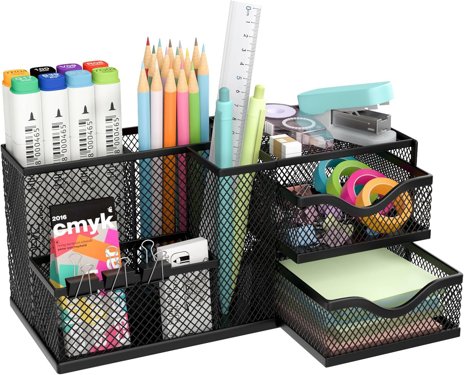 Mesh Desk Organizer, Pen Organizer with 2 Drawers and 5 Compartments, Versatile