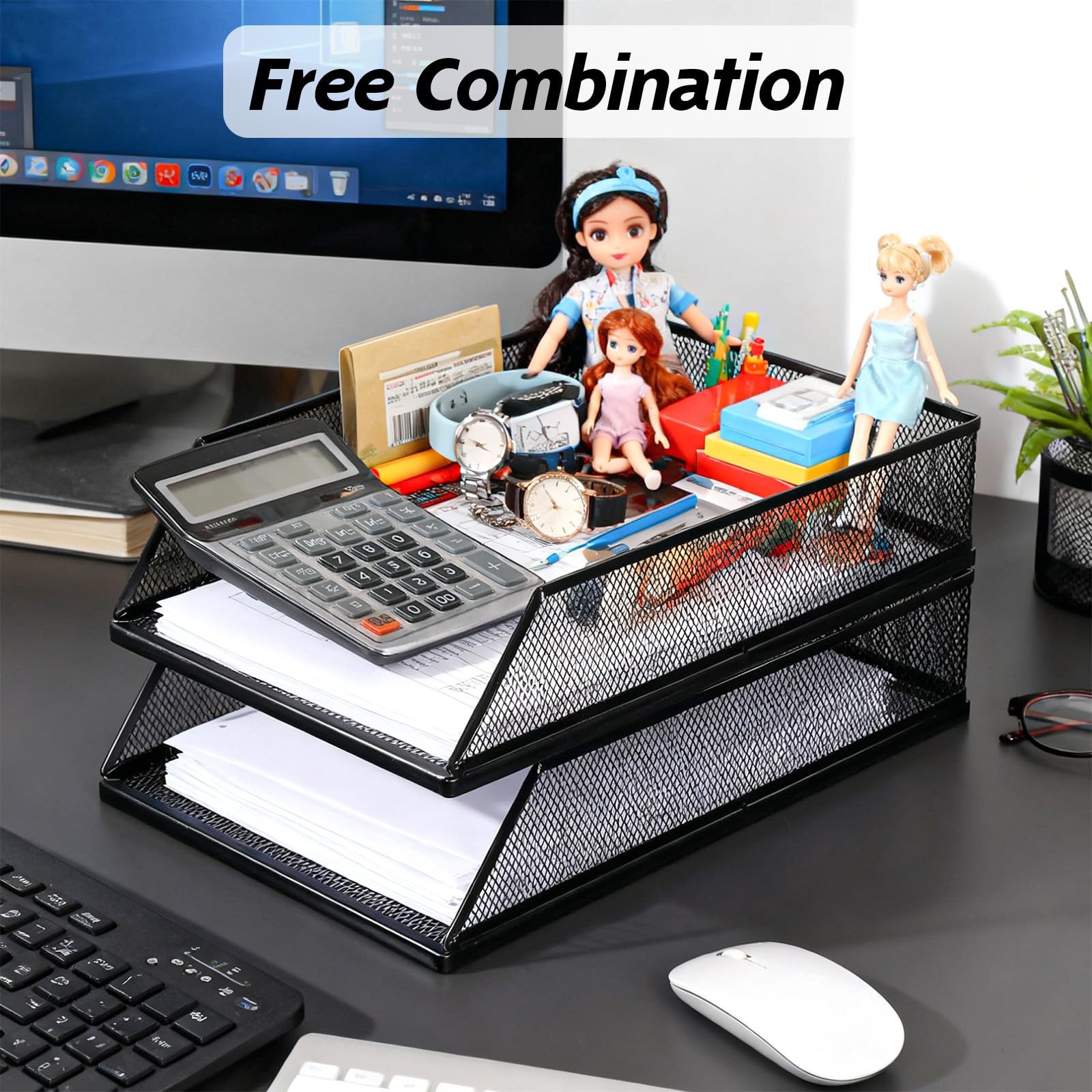 2 PCS 12.8×9.84 Inch Black Metal Mesh Letter Tray Stackable Desk Organizer