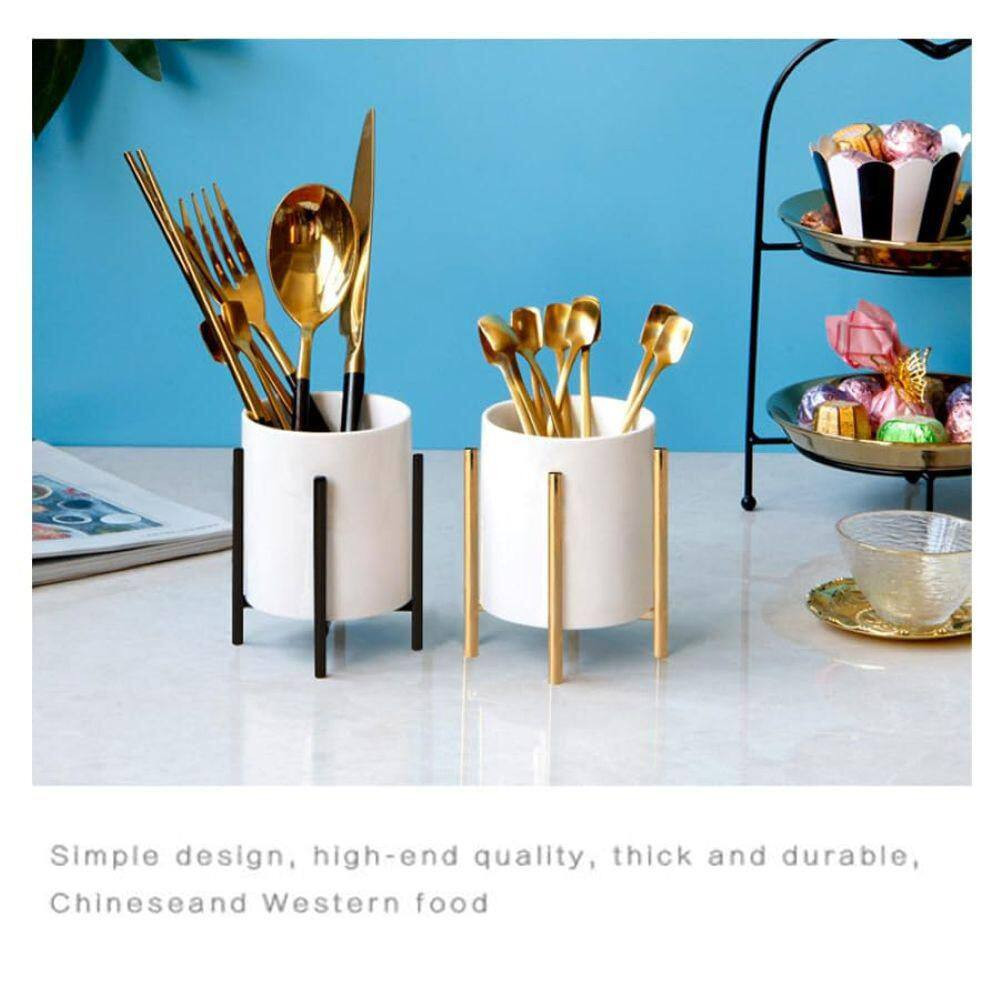 Gold and White Ceramic Pencil Cup with Sturdy Metal Frame, Smooth Marble Finish,