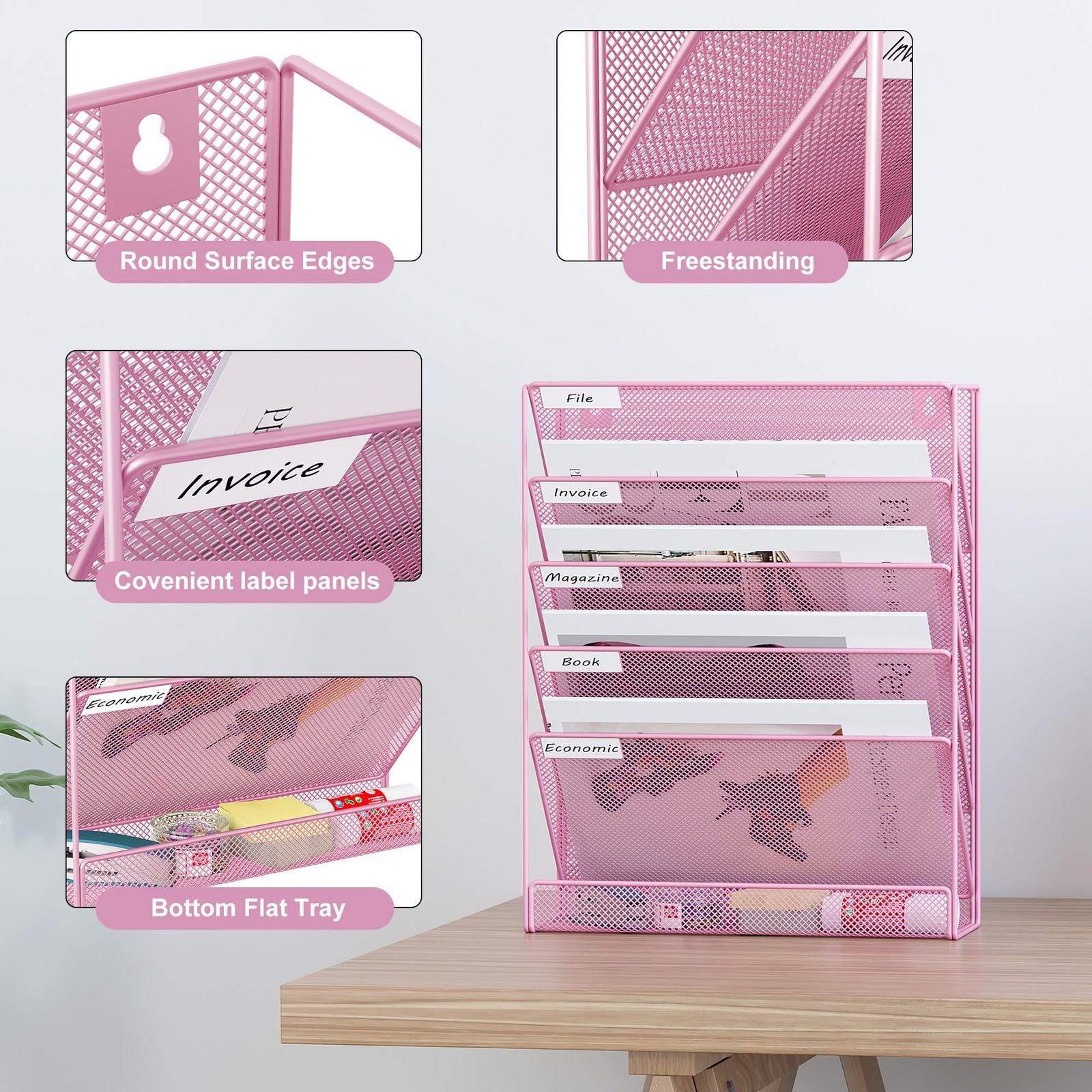 EasyPAG 5 Tier Wall File Holder, Mesh Hanging Folder Organizer with Pink