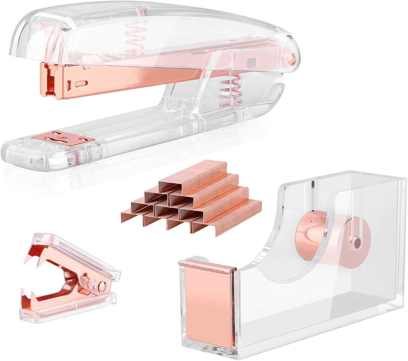 Complete Rose Gold Desk Accessory Set: Stapler, Tape Dispenser & Stapler Remover