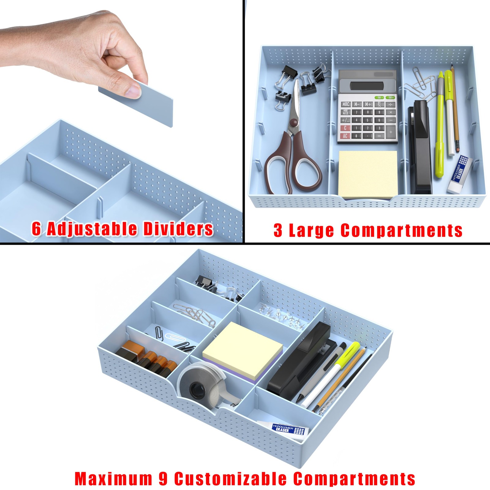 Simple Houseware Drawer Organizer Tray with 9 Adjustable 1 Pack, Blue