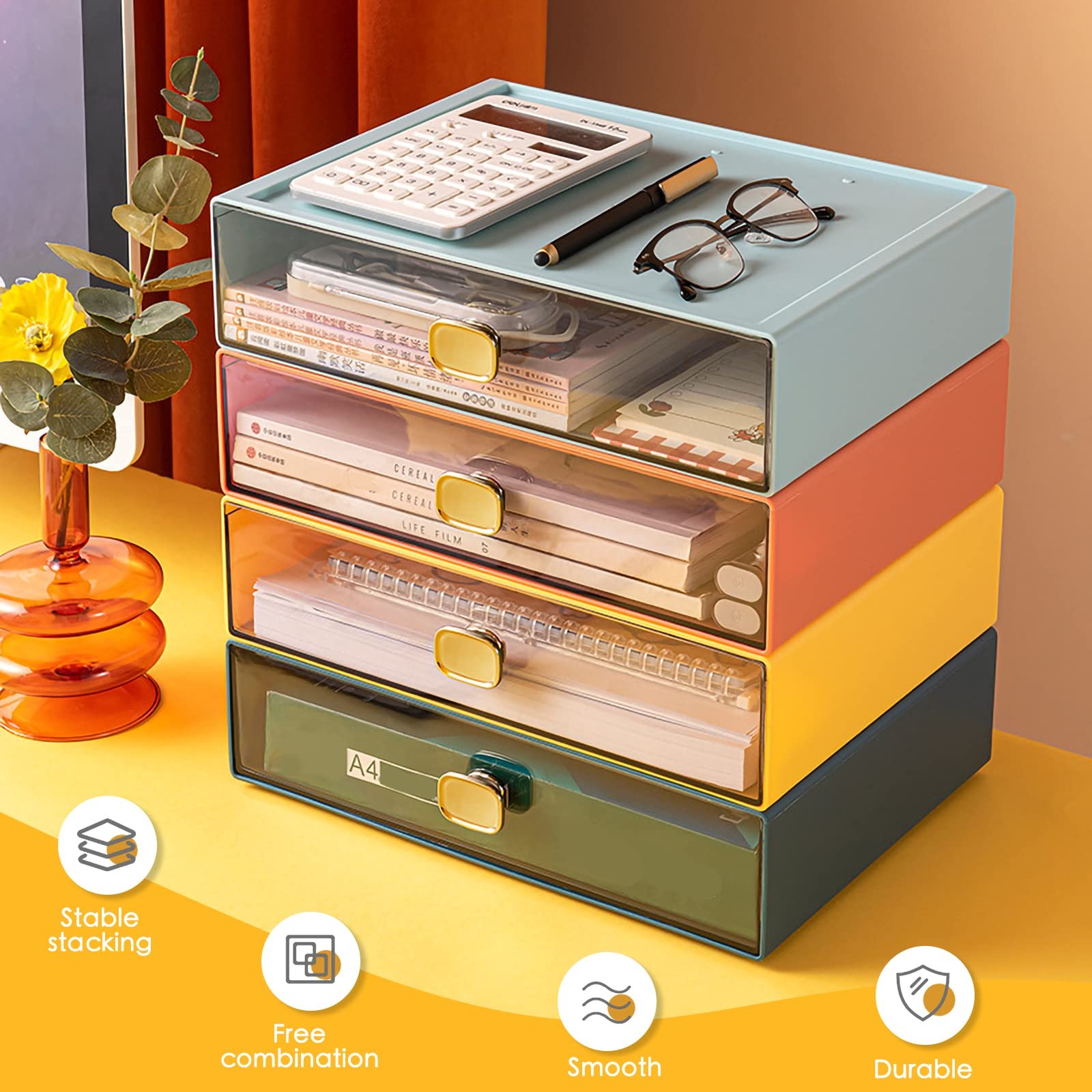 DETEIN 2PACK Stackable Desk Organizer Drawer 6.5″x9″x3″ M – 2 Drawer, Yellow