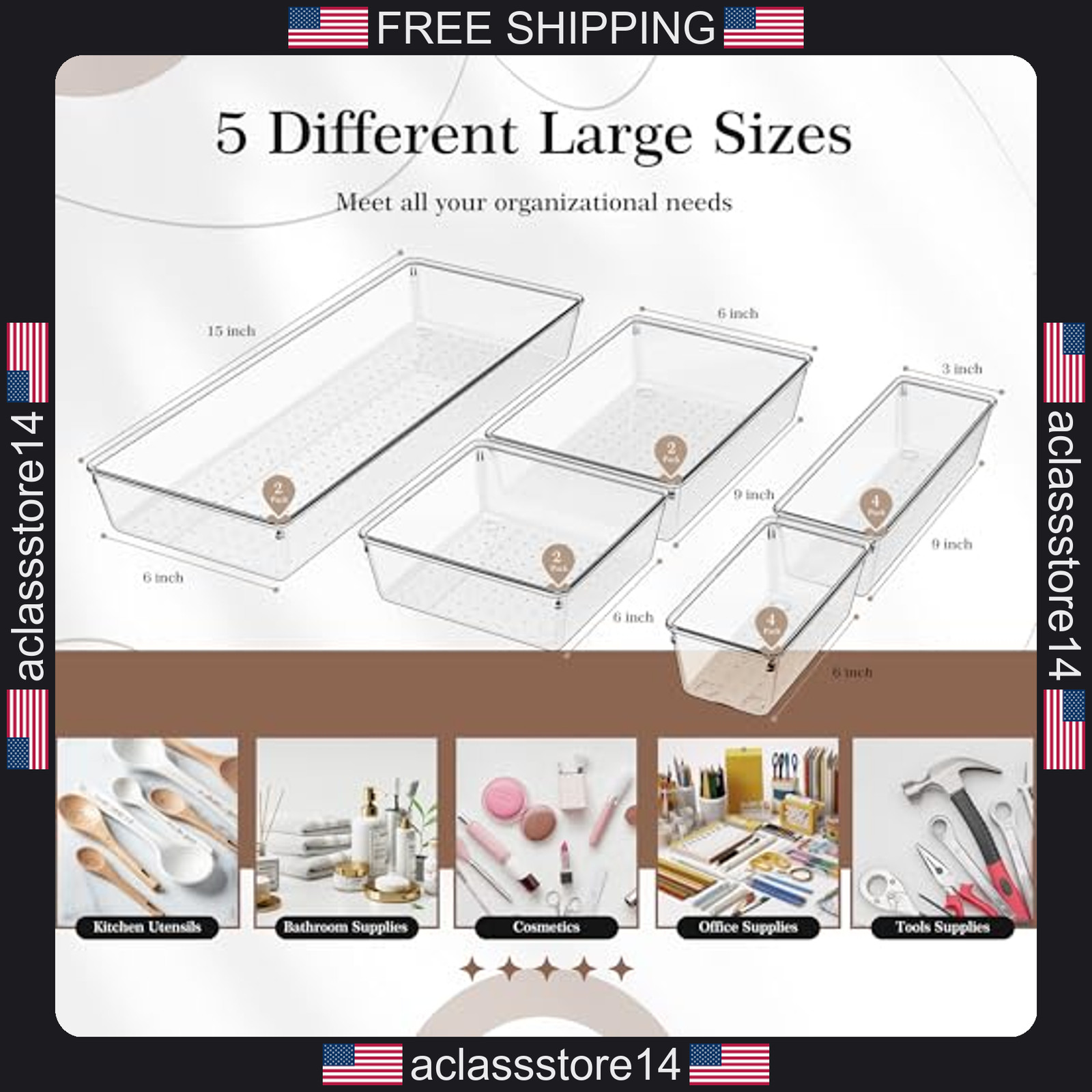 Criusia 14 pcs clear plastic drawer organizer set for kitchen bathroom makeup