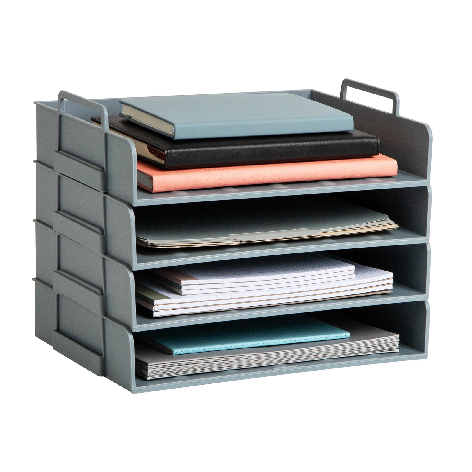 4-Pack Gray Plastic Stackable Paper Tray, Desktop Organizer 13.75x10x10.75″