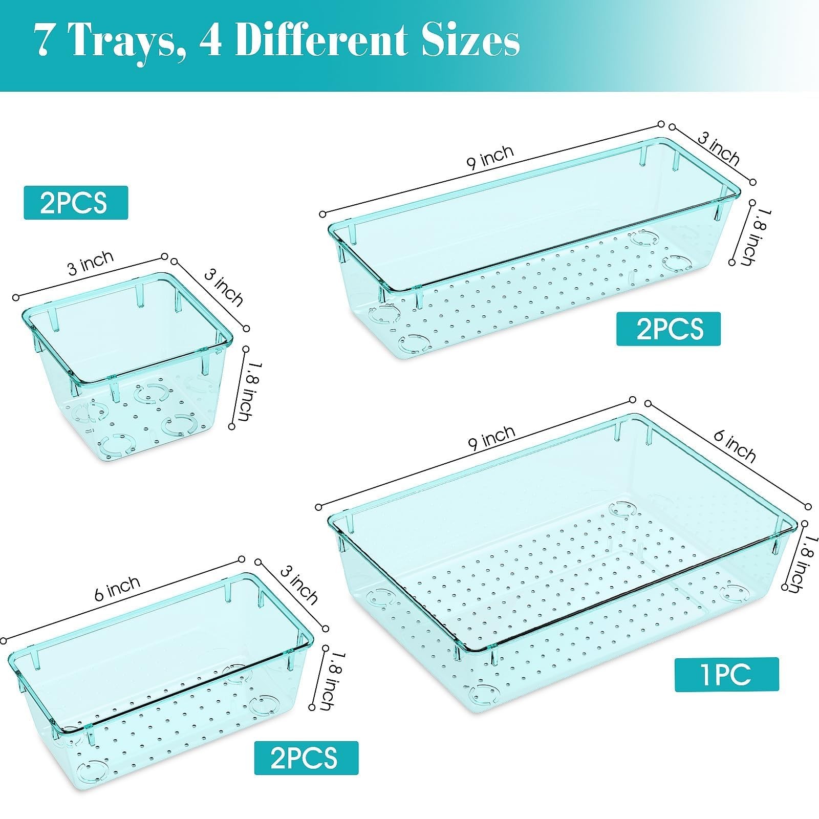 7 PCS Clear Plastic Drawer Organizers Set, 4 Size Desk Drawer Organizer Trays…
