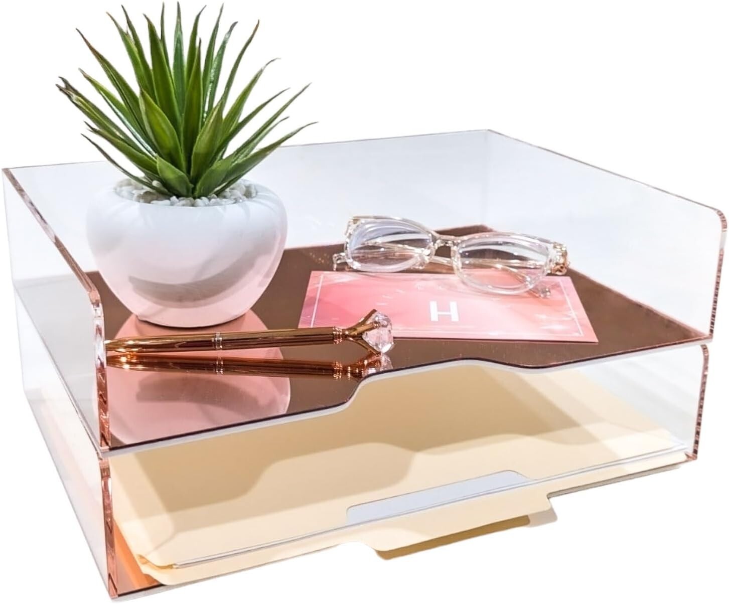 Rose Gold Mirror 2 Pack – Acrylic Stackable Letter Tray for Office, Vanity, Home